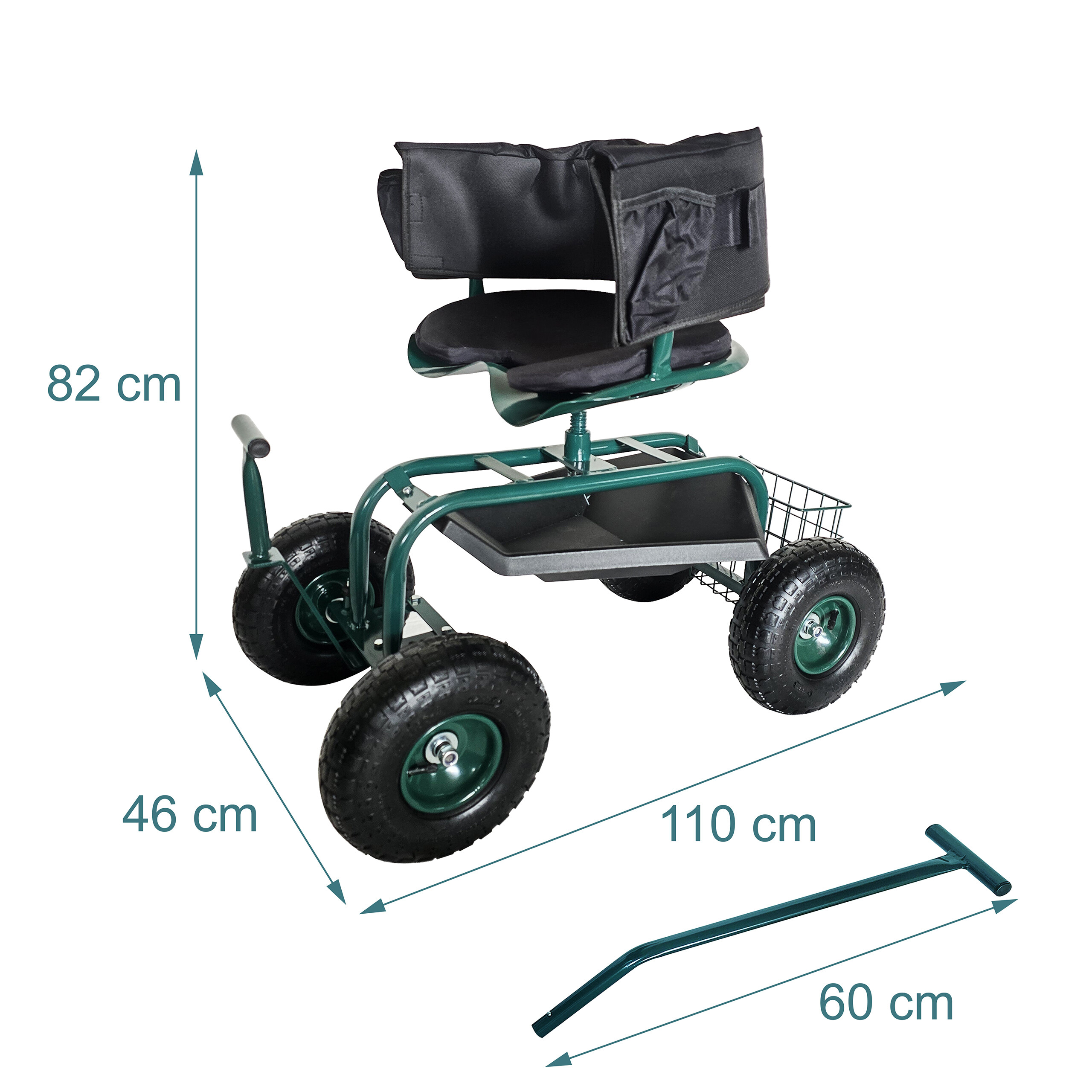 Grüner Gartenroller mit Sitz, Korb, Lenkstange und Maßangaben.