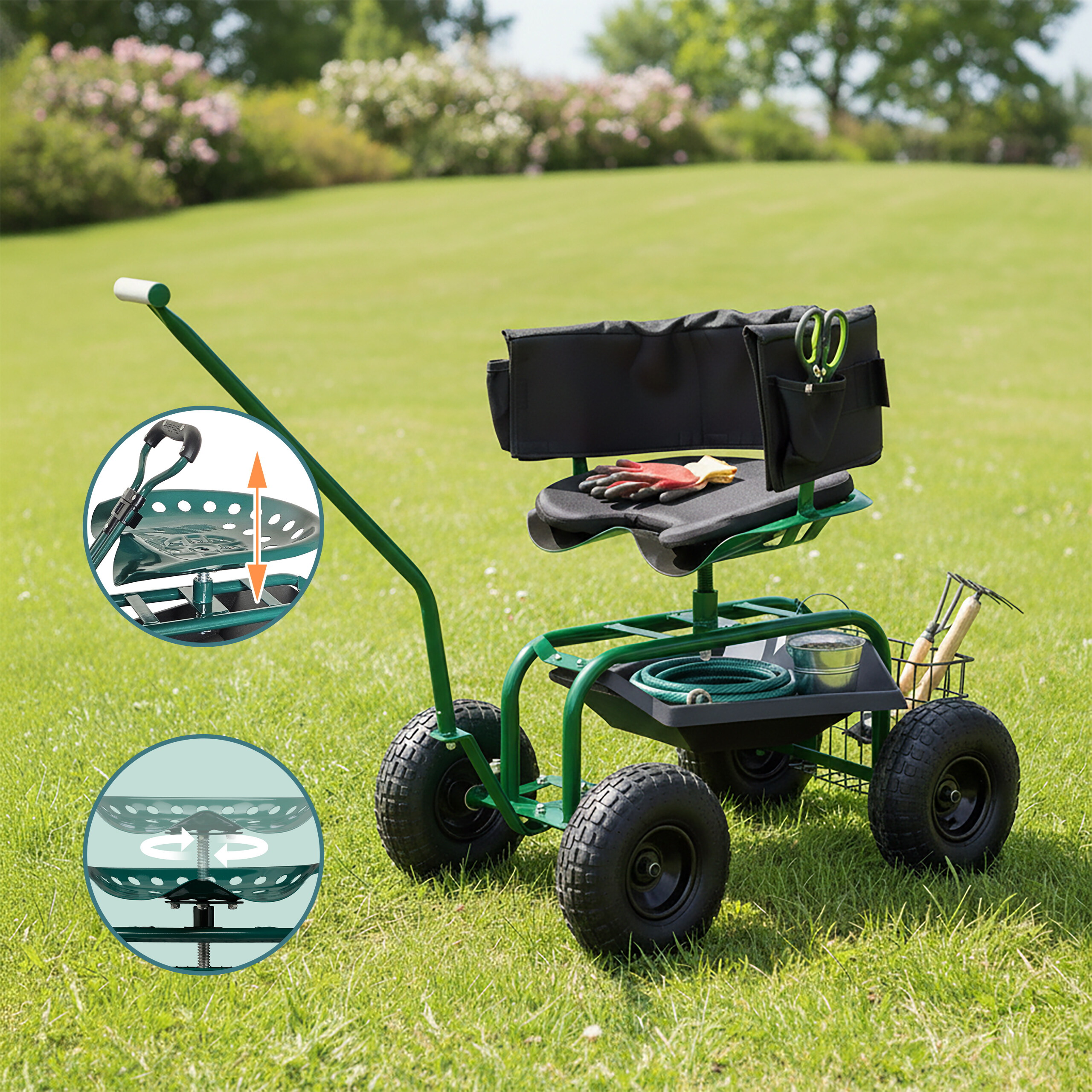 Grüner Gartenroller mit Sitz, Ablage und zwei runden Funktionsinseln auf einer Rasenfläche.