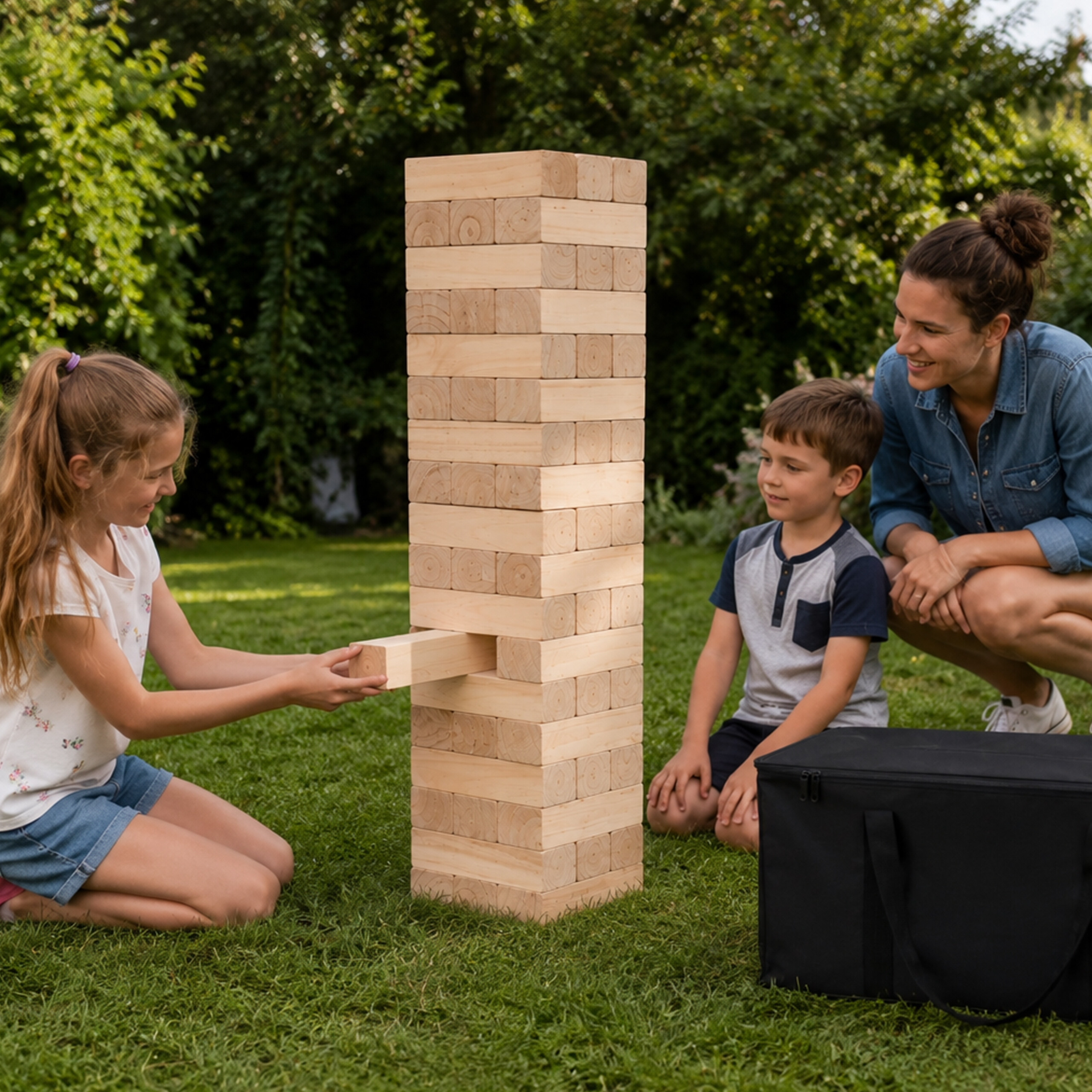 Ein Mädchen zieht vorsichtig einen Holzblock aus einem großen Turm im Garten, während Junge und Frau zuschauen.