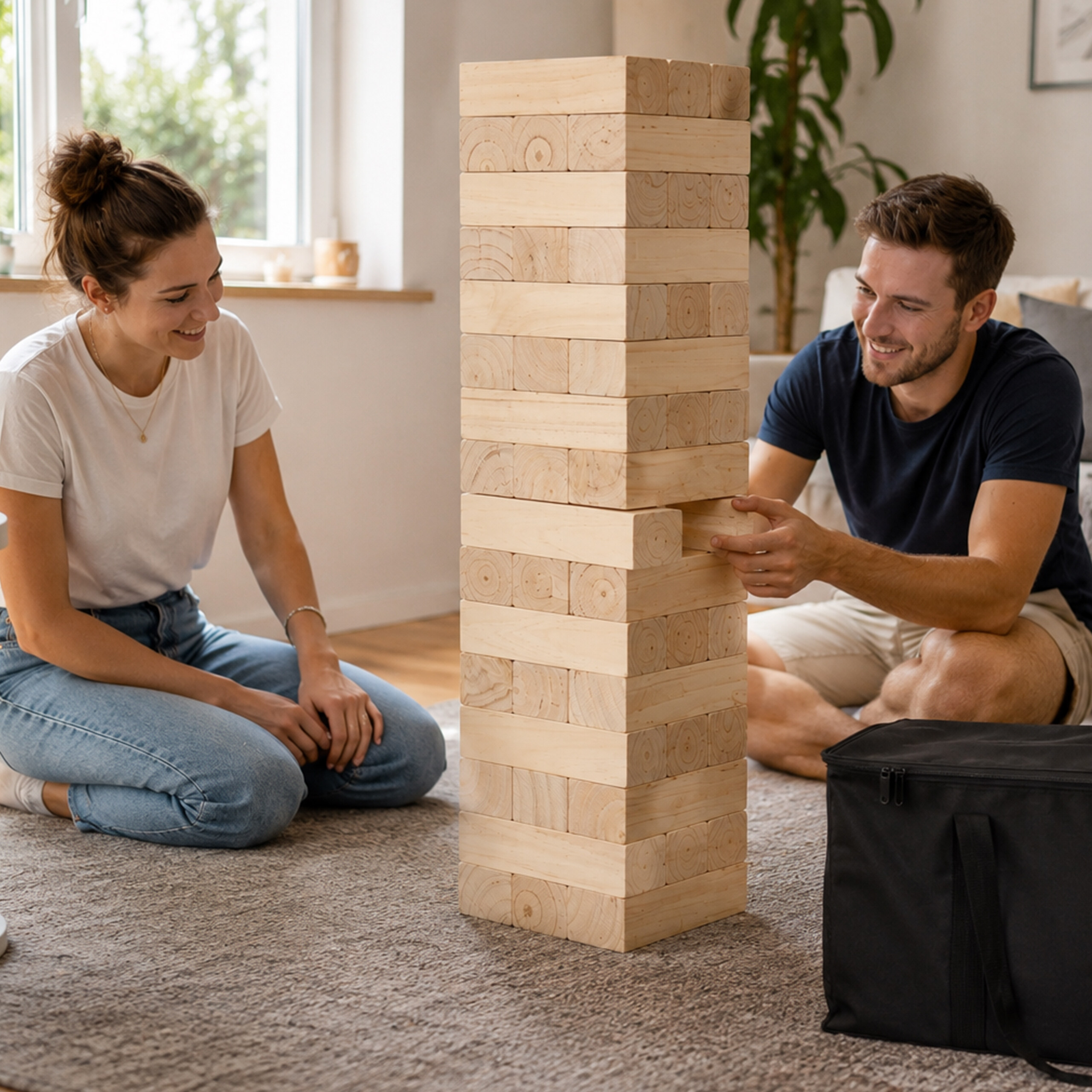 Ein Mann und eine Frau knien auf einem Teppich und lächeln, während sie drinnen ein Holzklötzchenspiel spielen.