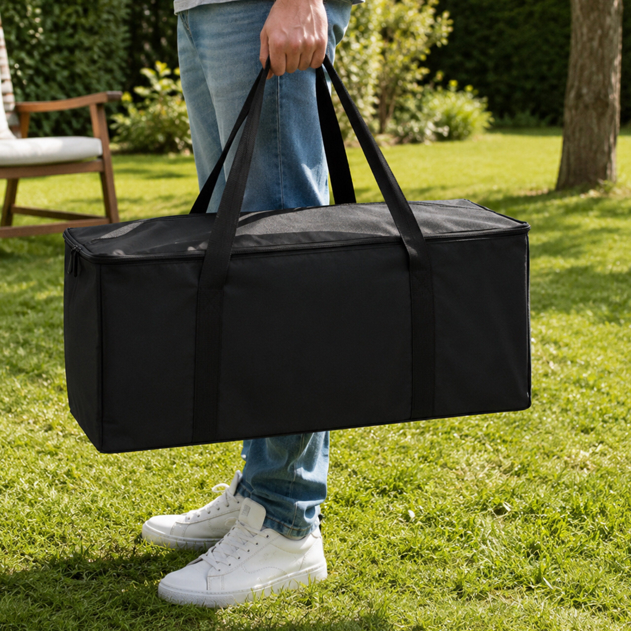 Eine Person in Jeans und weißen Schuhen trägt eine große schwarze Tasche im Garten.