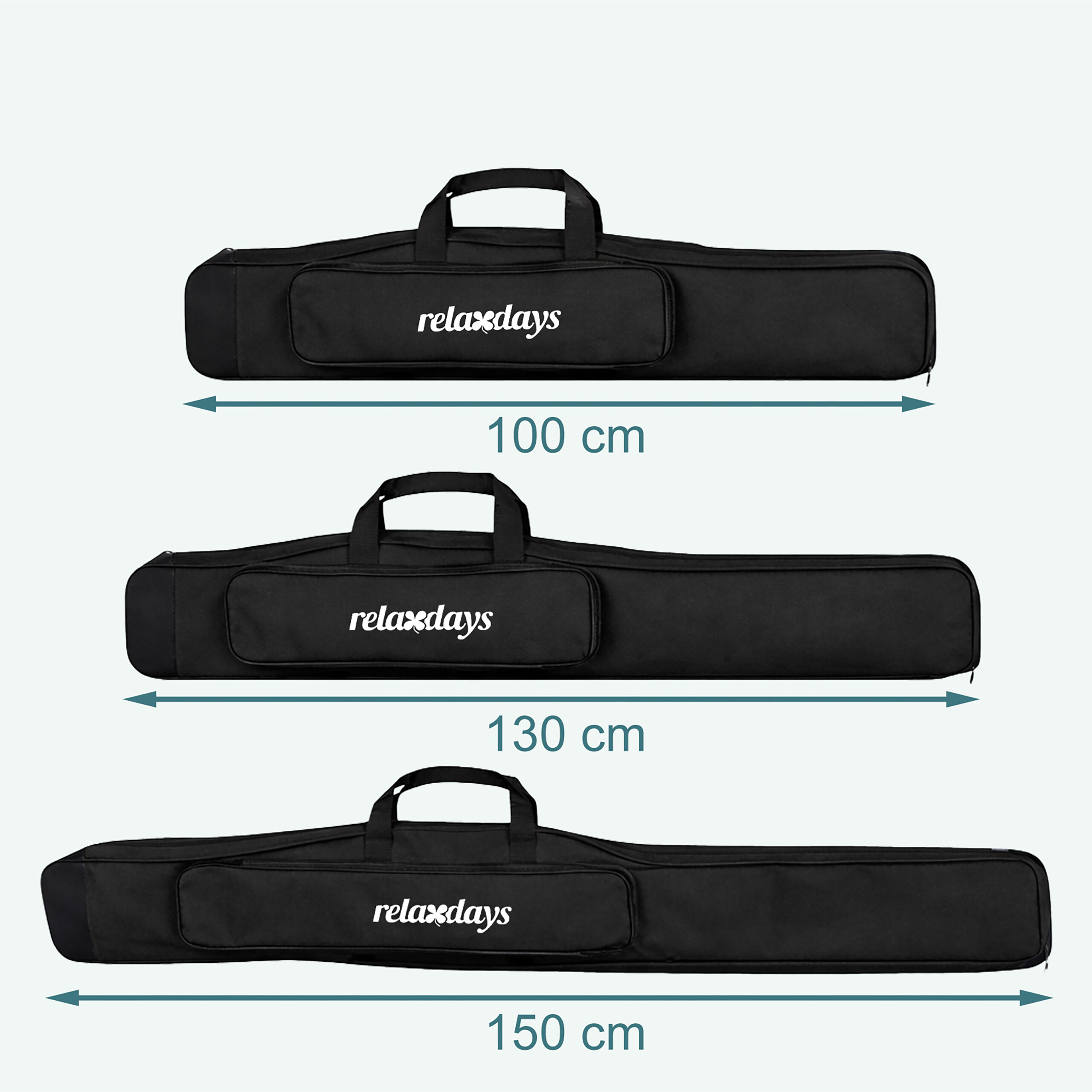 Drei schwarze Relaxdays Tragetaschen mit Längen von 100 cm, 130 cm und 150 cm auf hellem Hintergrund.