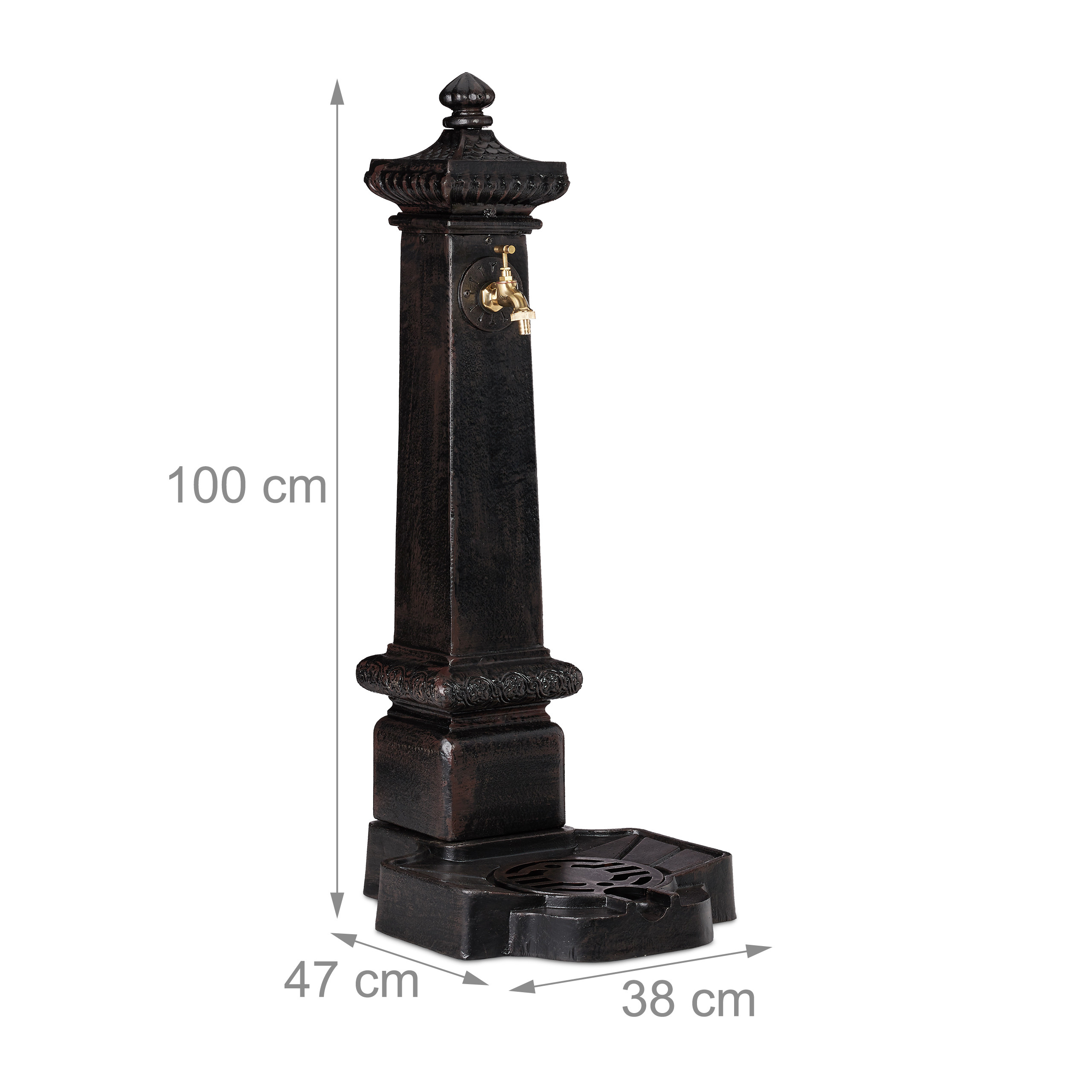 Dunkler Gartenbrunnen mit goldenem Wasserhahn, 100 cm hoch, mit Maßangaben für Breite und Tiefe.