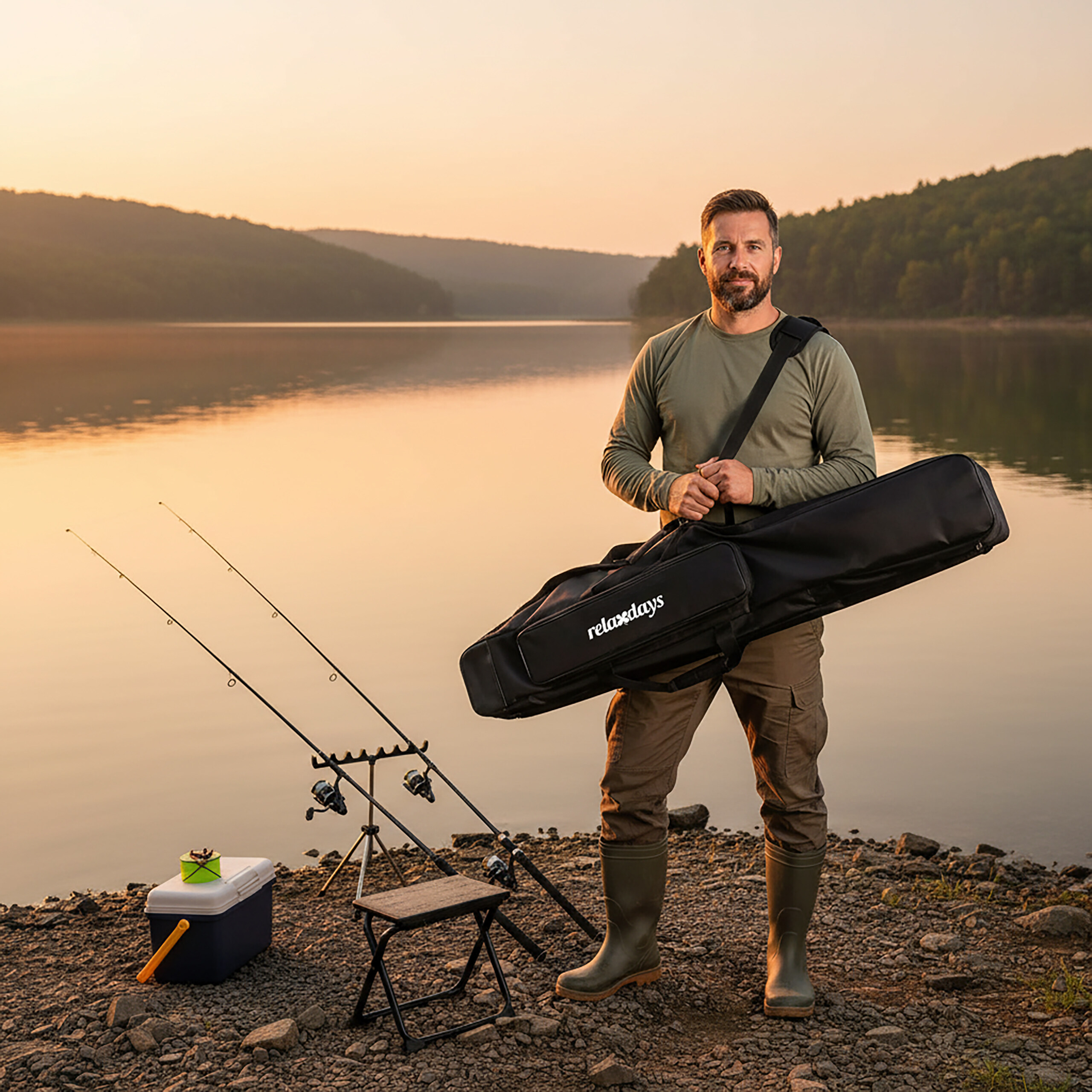 Ein Angler steht am See bei Sonnenuntergang, hält eine Tasche und hat Angelruten neben sich.