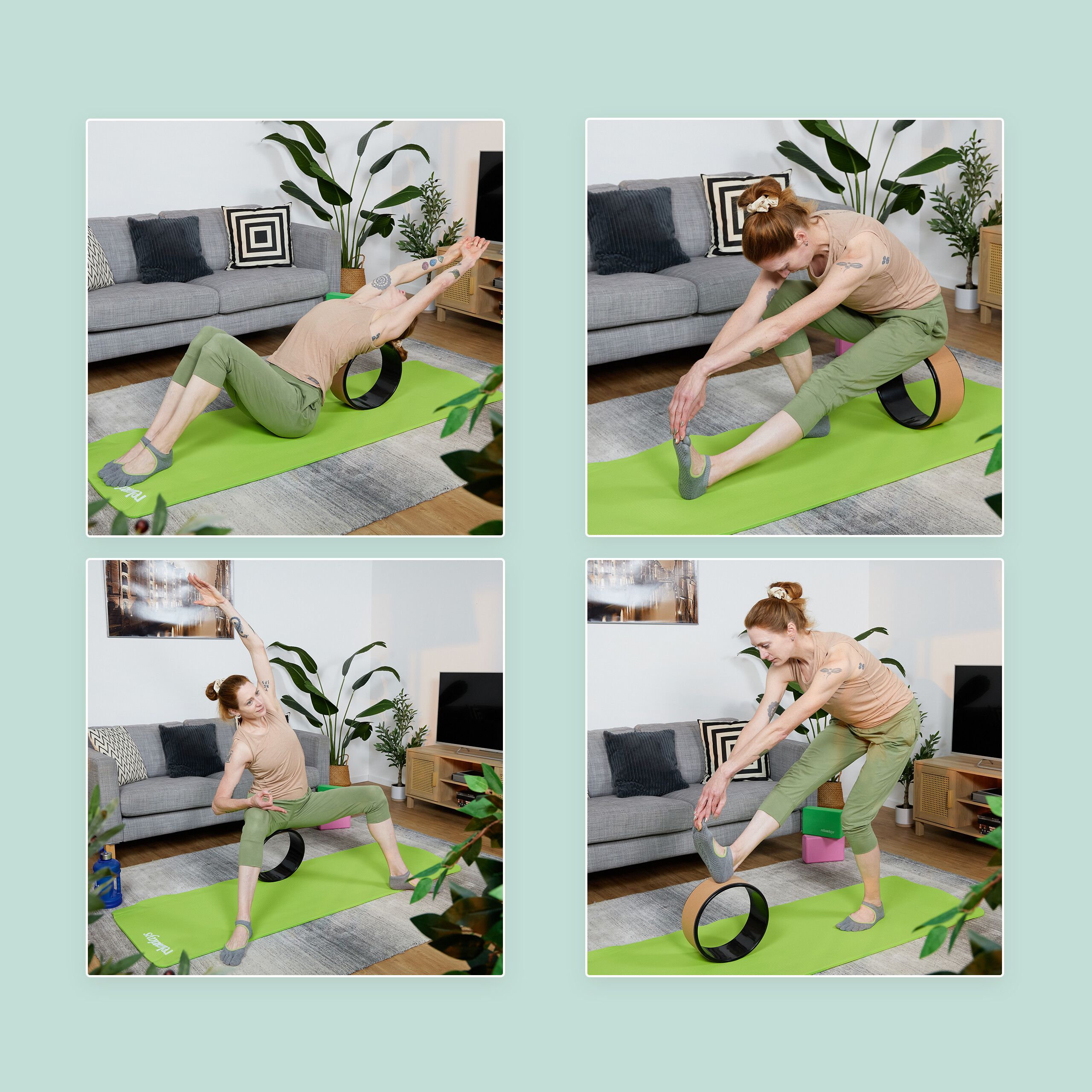 Frau praktiziert Yoga mit einem Yoga-Rad auf einer grünen Matte in einem Wohnzimmer.