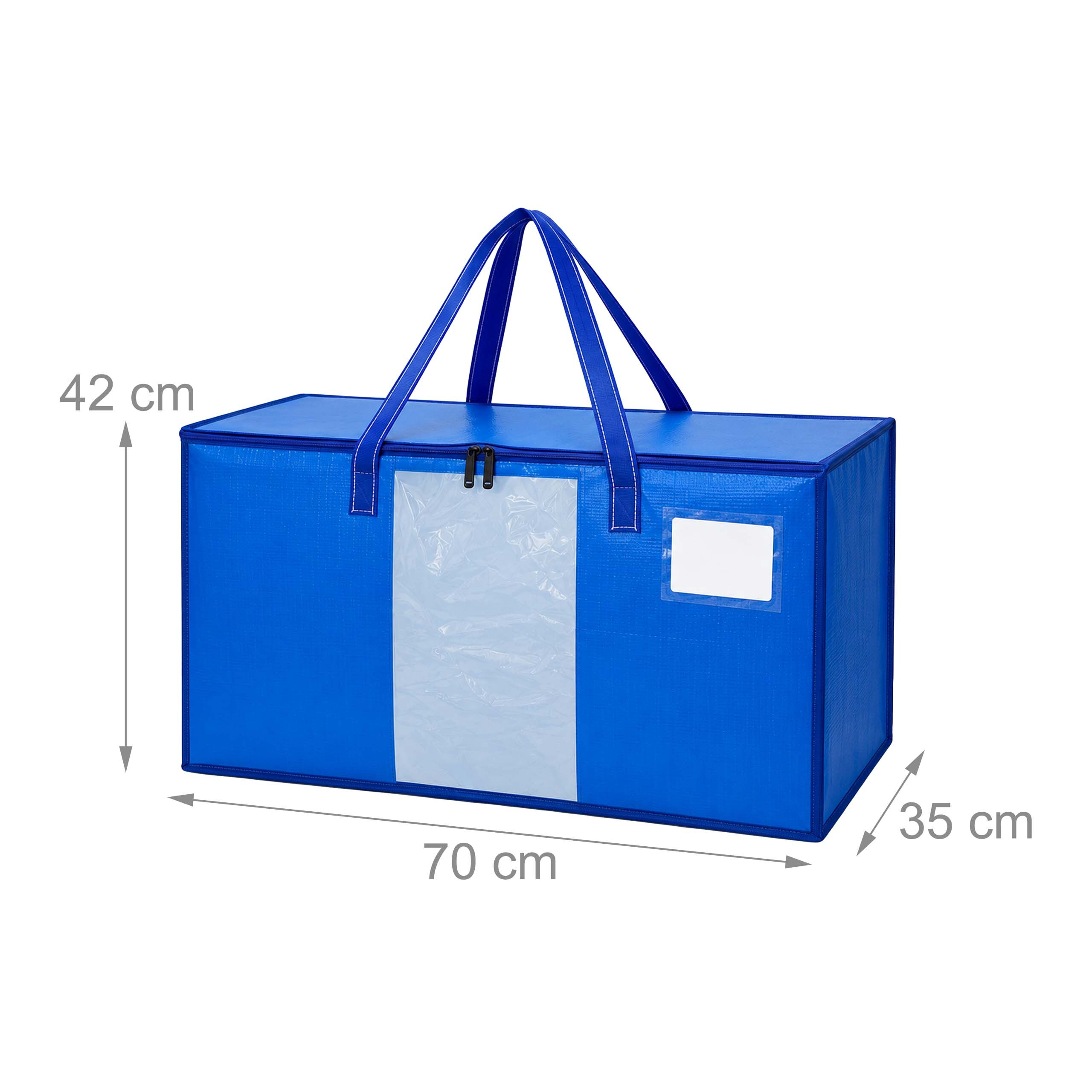 Blaue Aufbewahrungstasche mit Maßen von 70x35x42 cm, Reißverschluss und Klarsichtfenster.