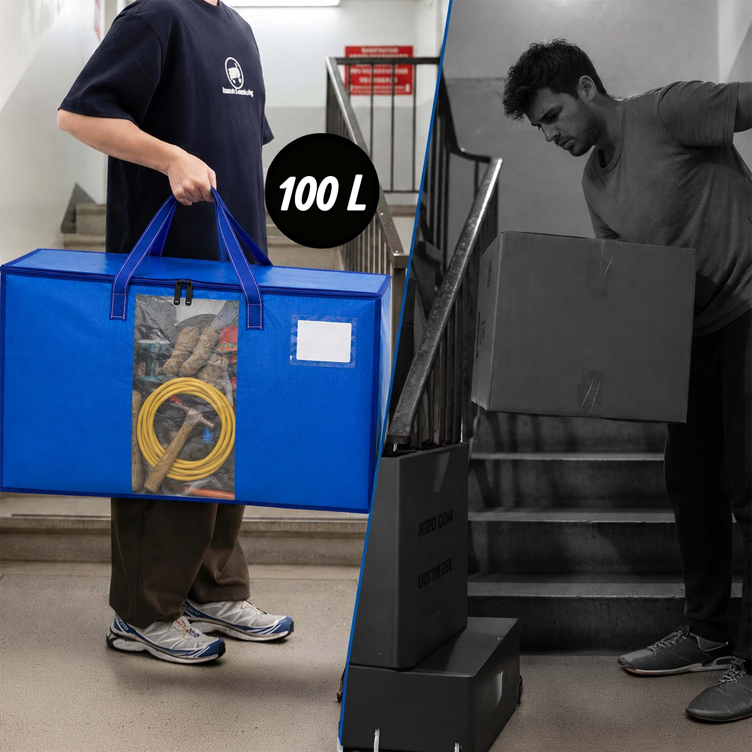 Vergleich zweier Methoden: Person trägt blaue Tasche mit Werkzeug, andere trägt Karton die Treppe hinauf.
