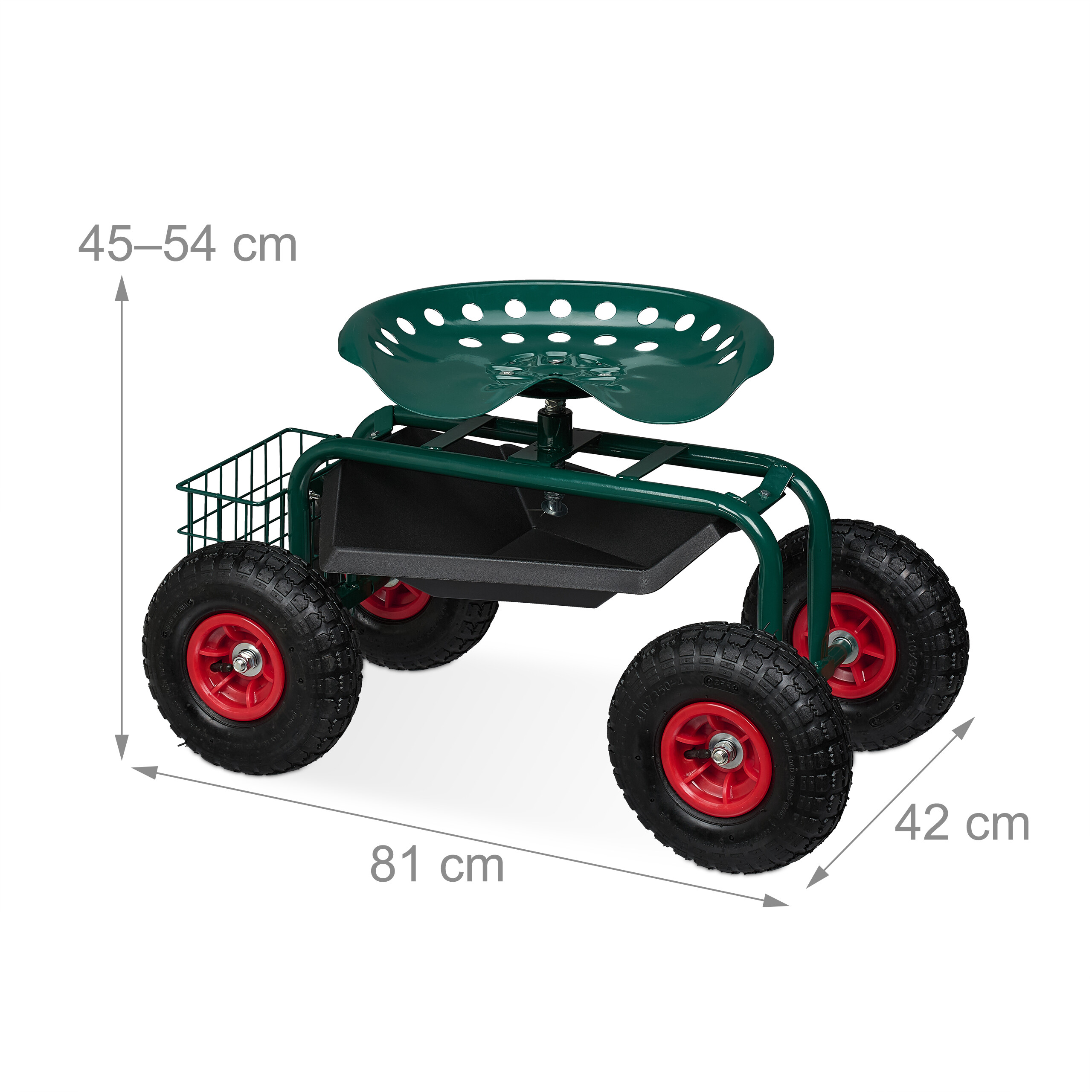 Grüner Gartenwagen mit Sitz, Ablagefläche, Korb und roten Rädern, mit Maßen 45-54x81x42 cm.