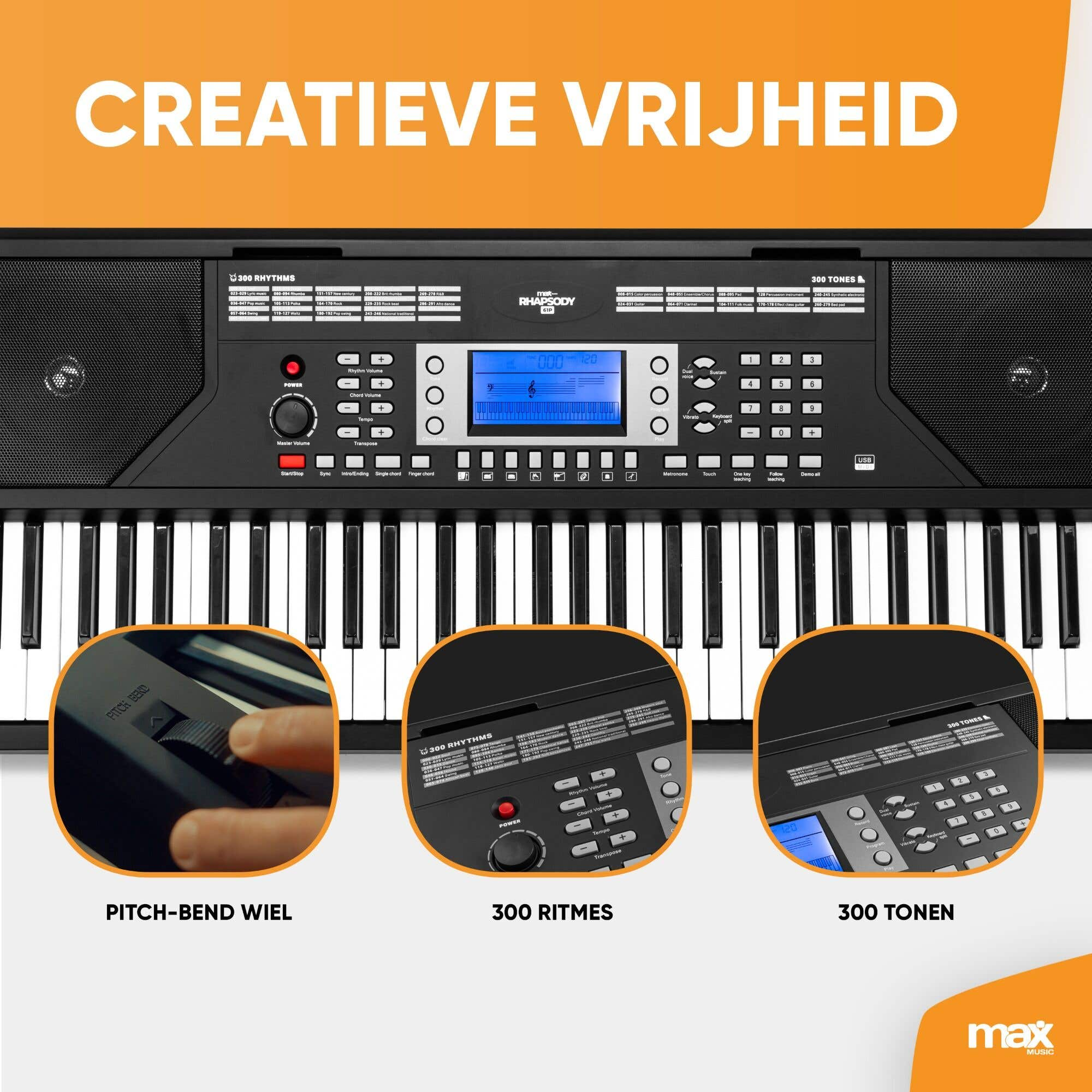 Un teclado Max Rhapsody con rueda de pitch-bend, 300 ritmos y 300 tonos.