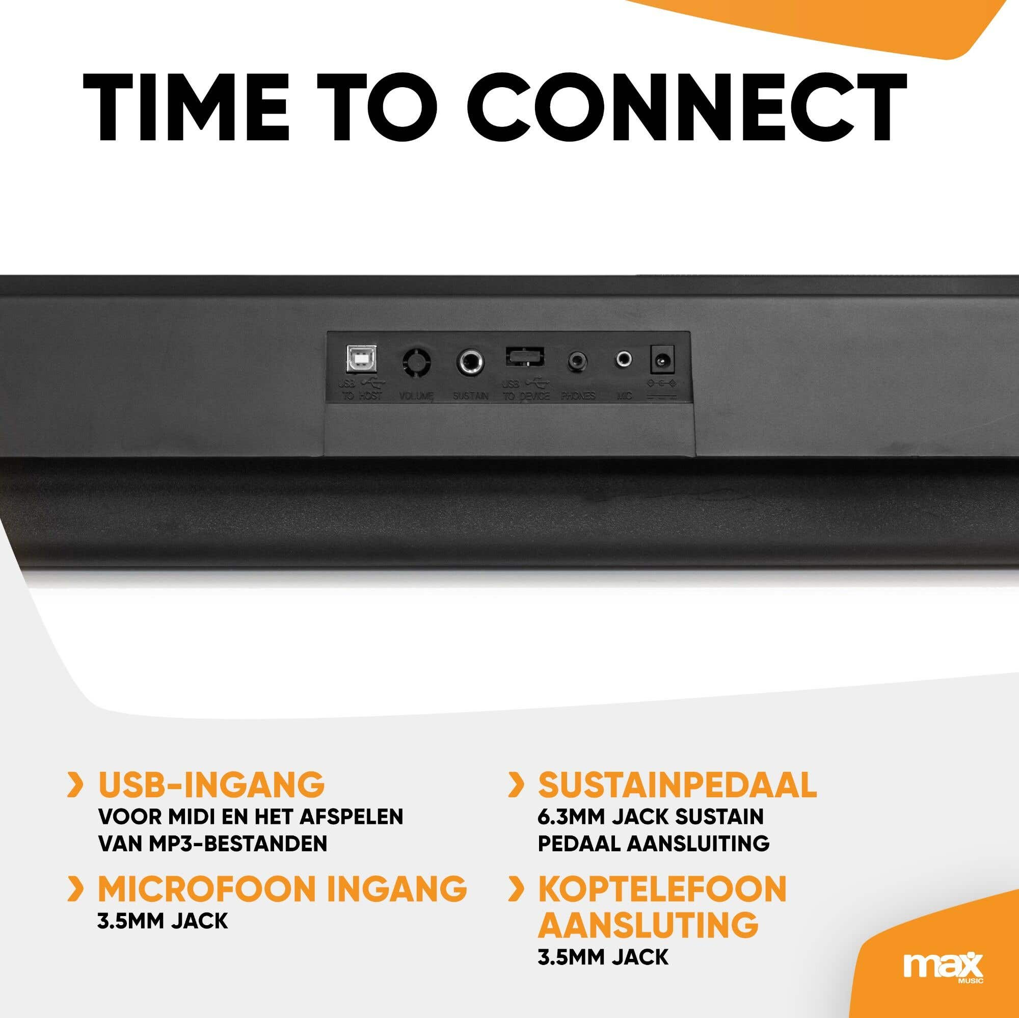 Panel trasero de un teclado electrónico con varios puertos de audio y textos en holandés.