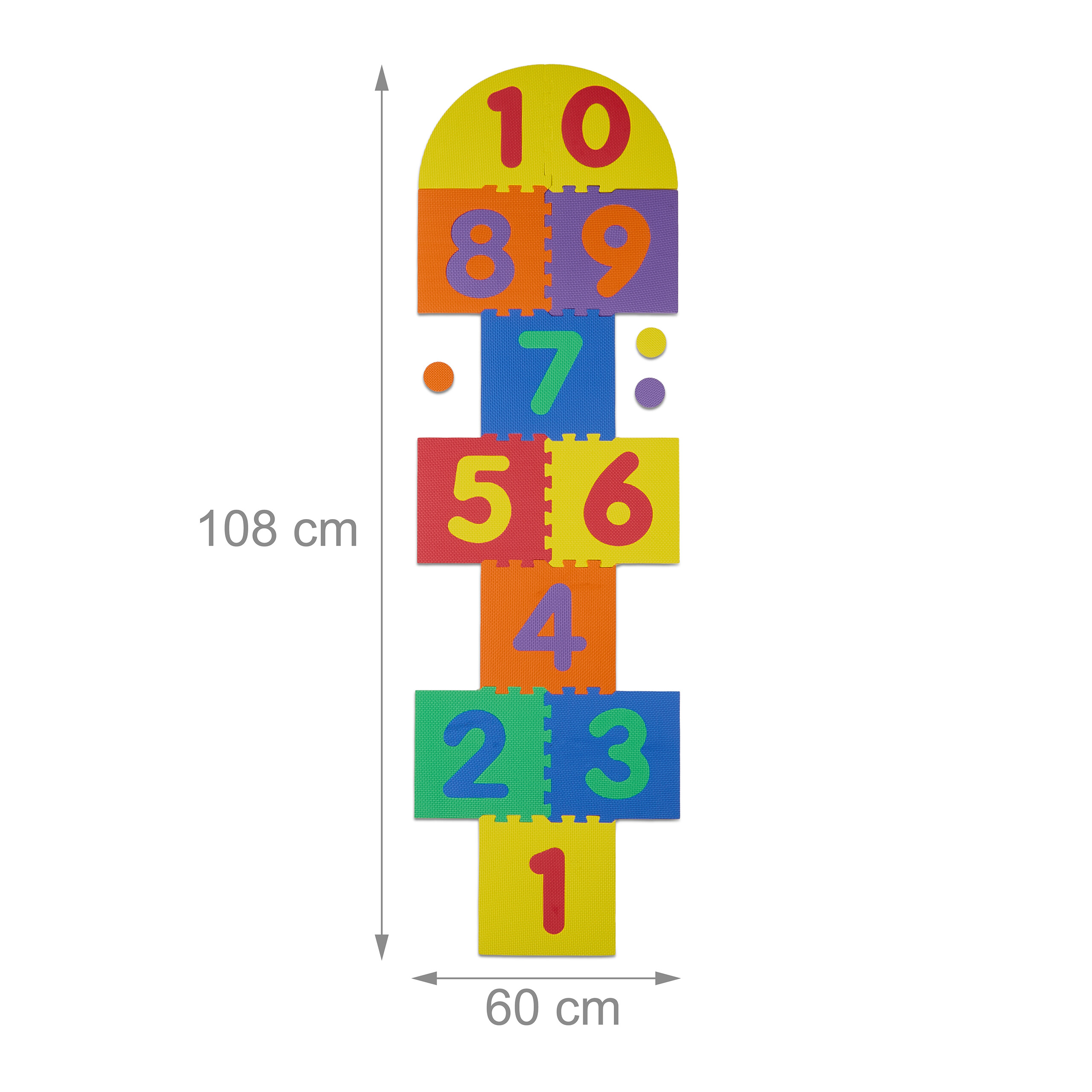 Buntes Schaumstoff-Hüpfspiel mit Zahlen von 1 bis 10 und Maßen von 108 mal 60 cm auf weißem Hintergrund.