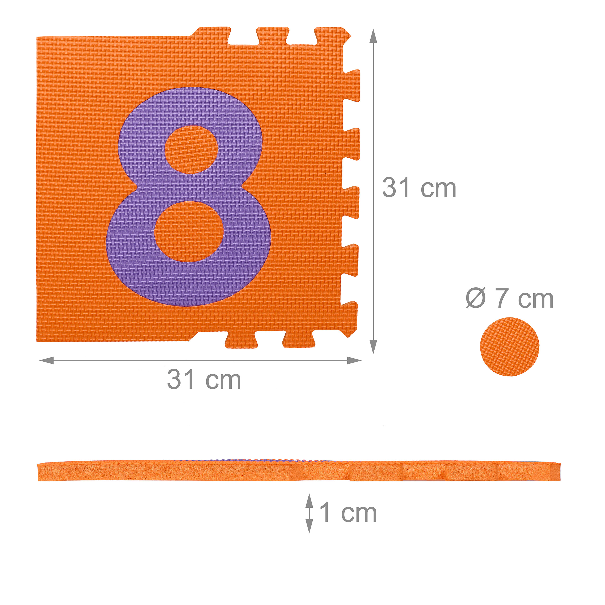 Orangene Schaumstoffmatte mit lila Nummer 8, 31x31x1 cm groß, mit kleinem Kreis.