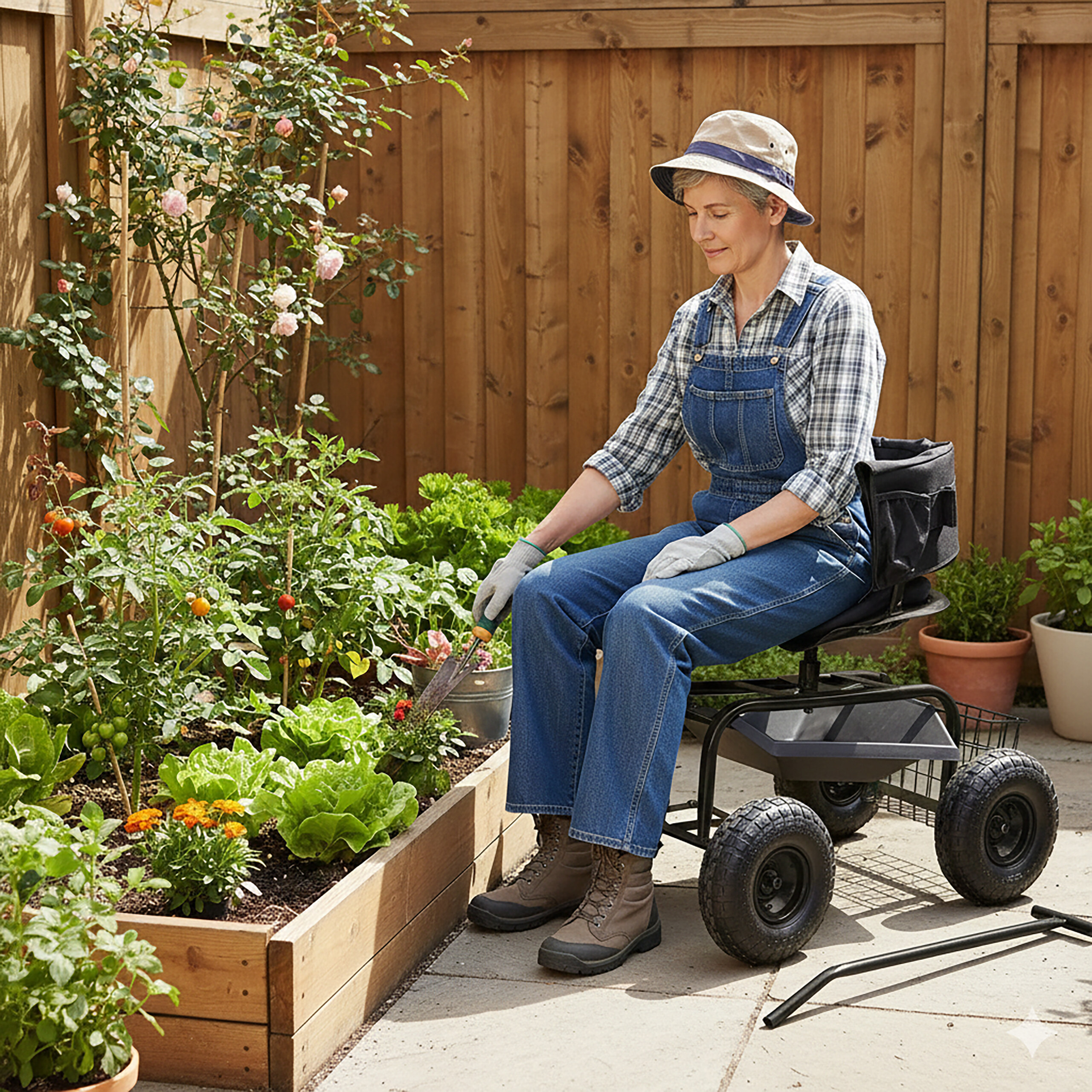 Eine Frau in Latzhose und Hut sitzt auf einem Gartenroller und pflegt ein Hochbeet.