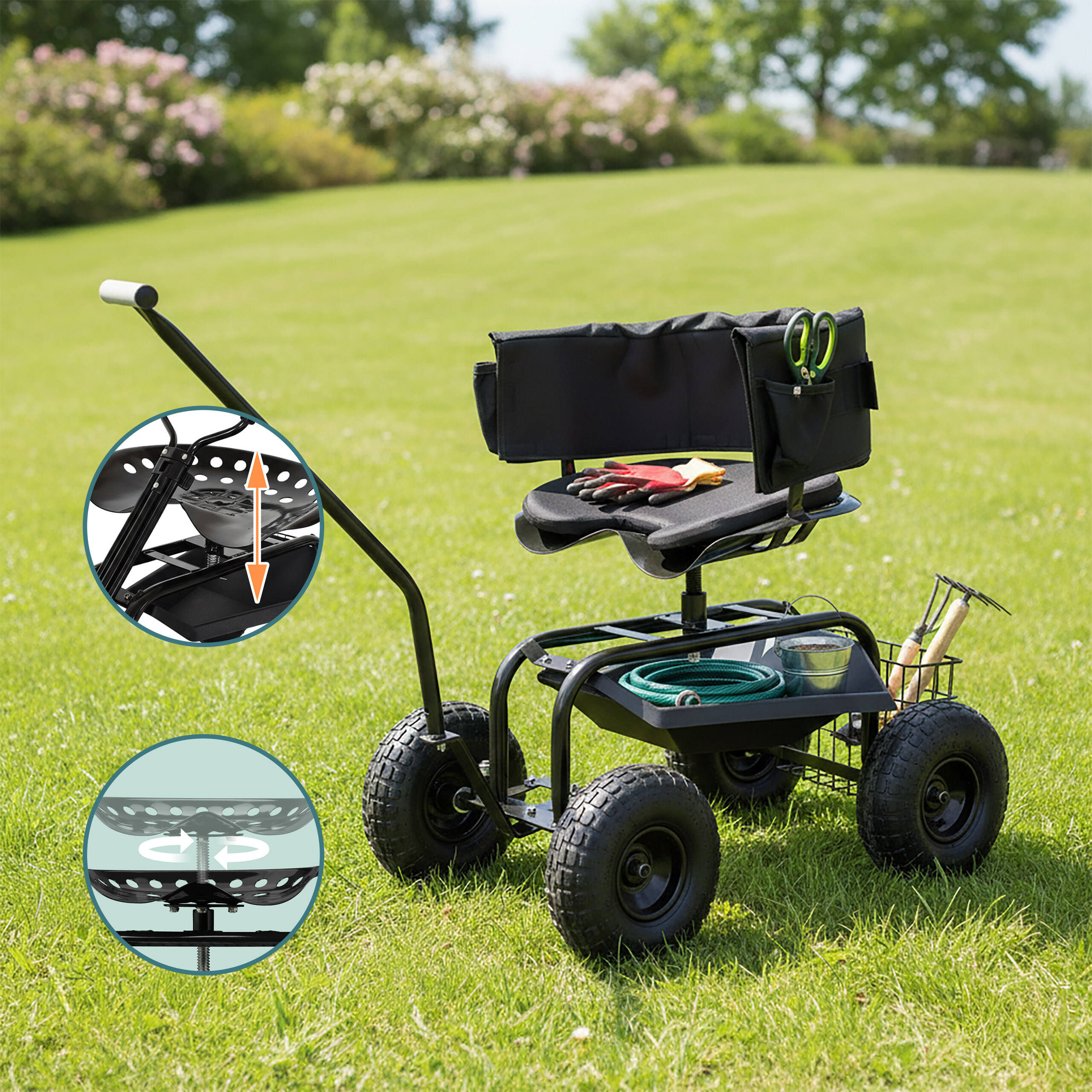 Ein schwarzer Rollgartenwagen mit Sitz, Ablagefach und zwei Kreisen, die Höhen- und Drehfunktionen zeigen.