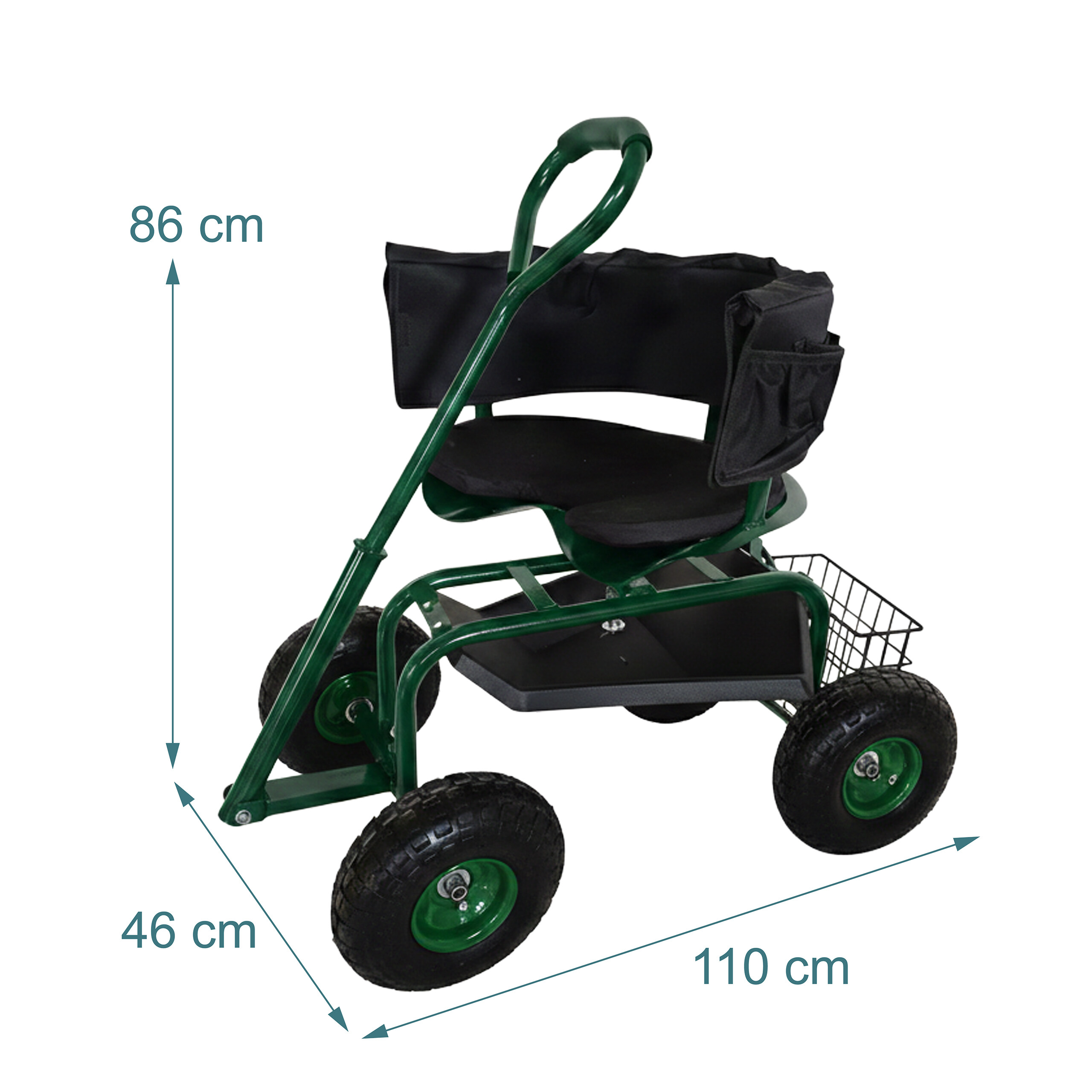Grüner Gartenwagen mit Sitz, schwarzer Tasche, vier Rädern und Maßen von 110x46x86 cm auf weißem Hintergrund.