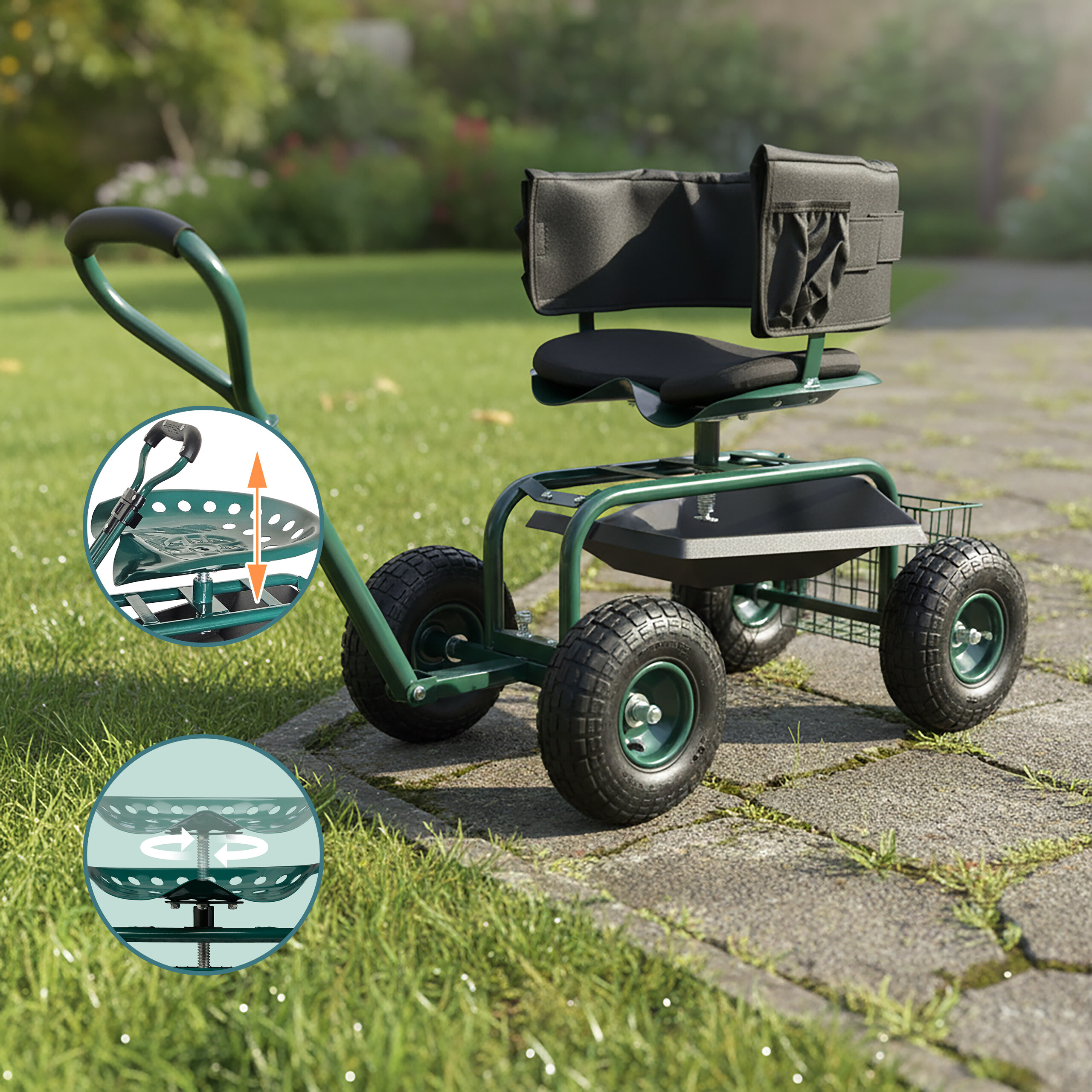 Ein grüner Gartenroller mit vier Rädern, gepolstertem Sitz, Rückenlehne und zwei Inset-Grafiken mit Einstellfunktionen.