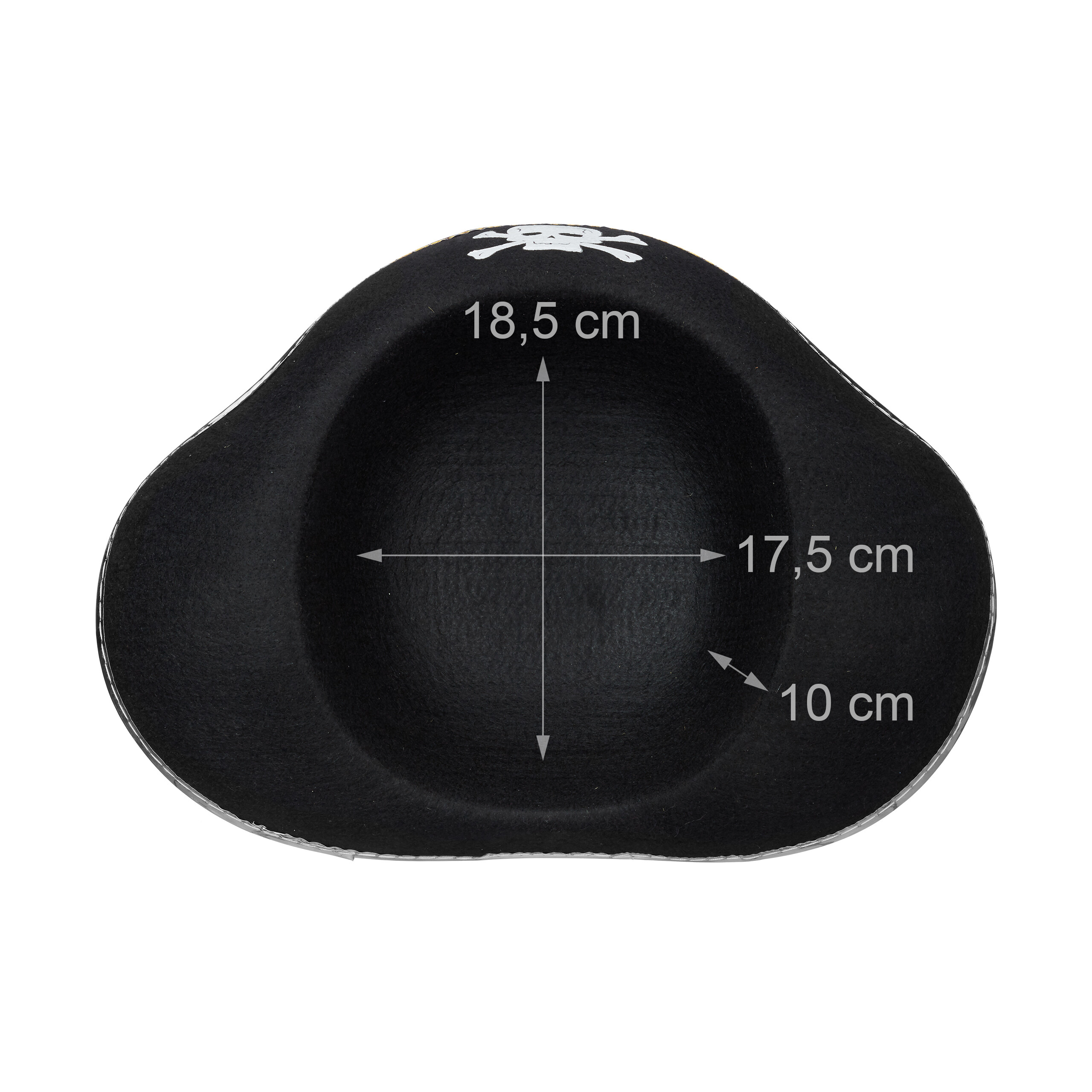 Schwarzer Piratenhut von oben mit Maßen: 18,5 cm, 17,5 cm und 10 cm.