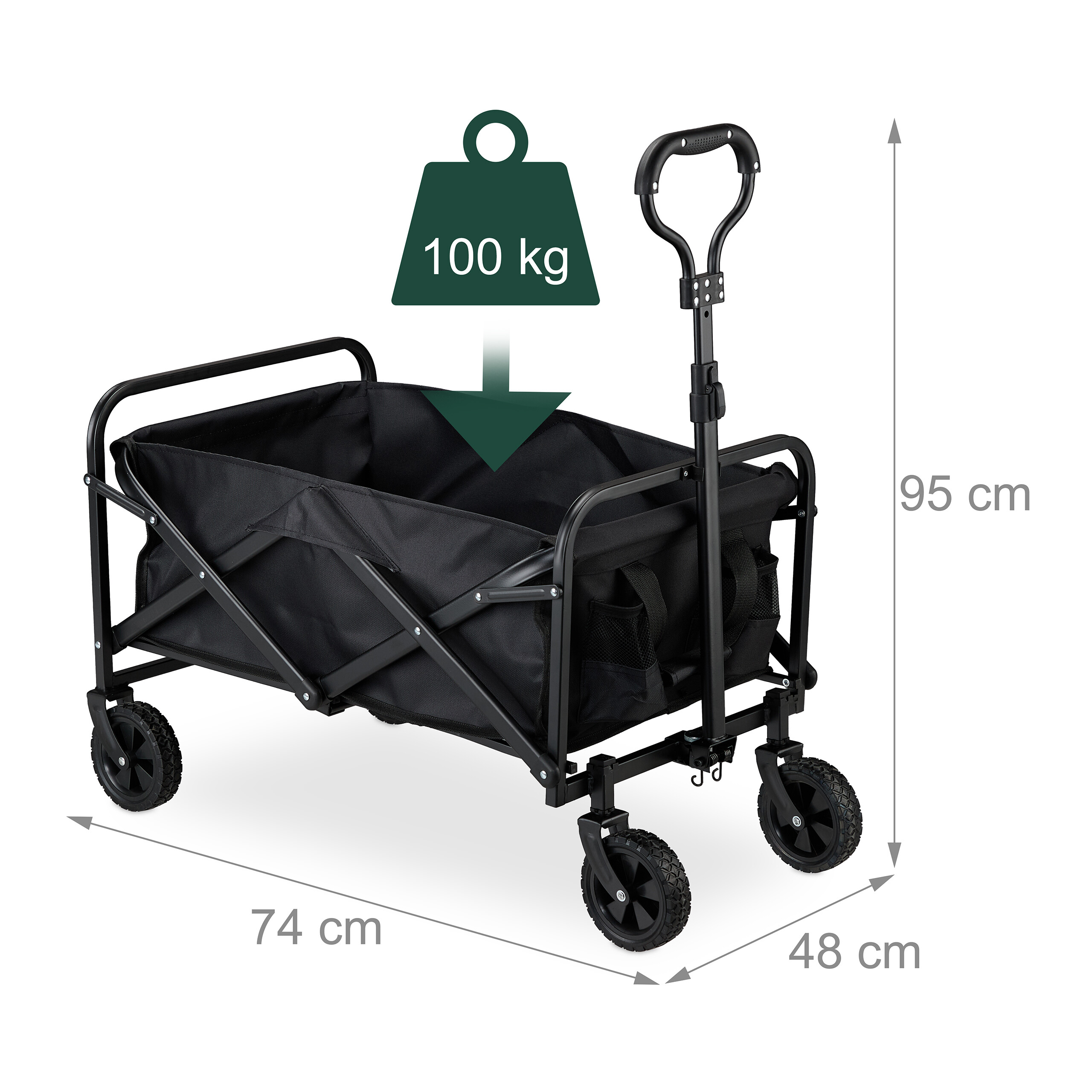 Ein schwarzer Bollerwagen mit Maßen 74x48x95 cm und einem 100 kg Belastungssymbol.