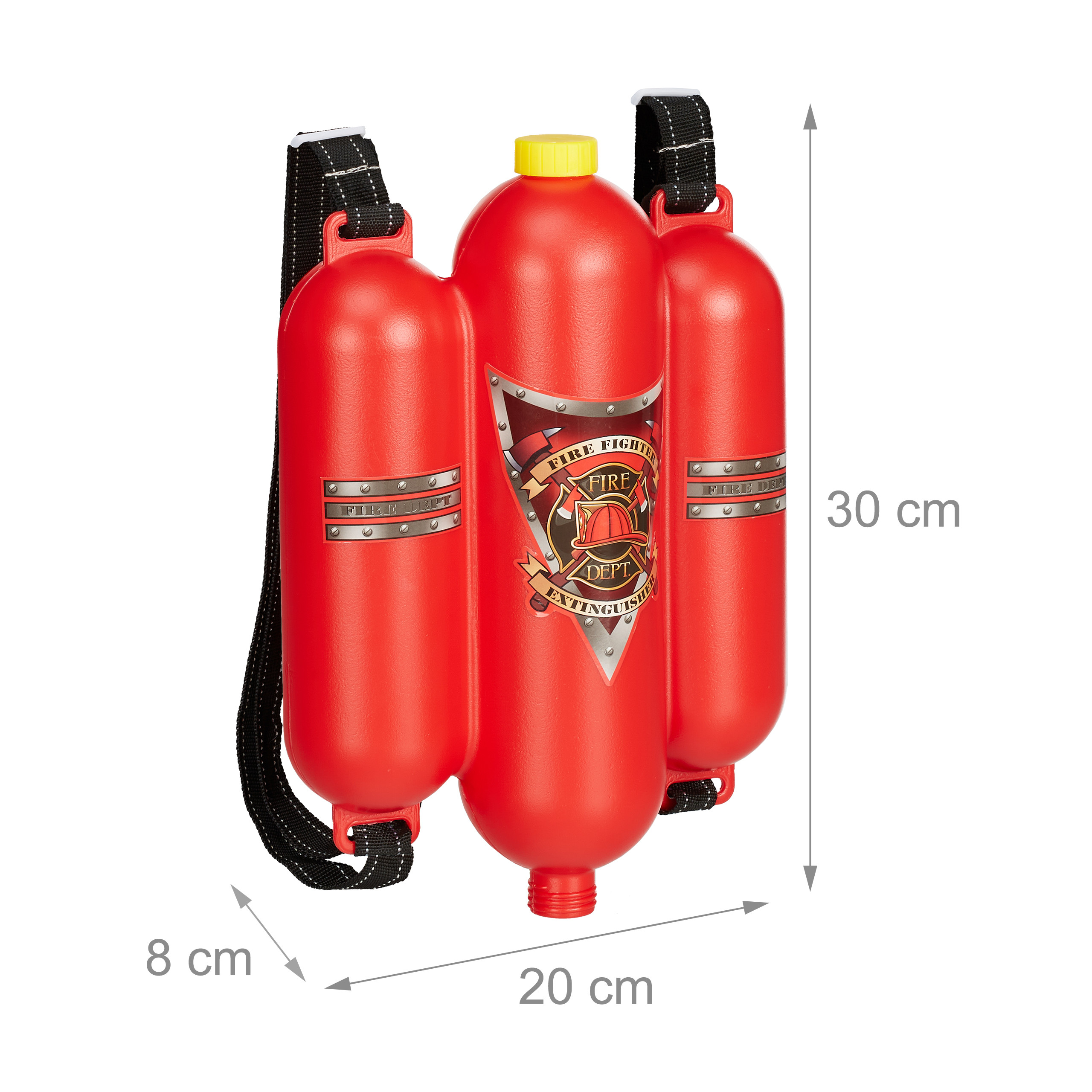 Roter Kunststoff-Feuerlöscher als Wasserspielzeug mit schwarzen Riemen und Maßen von 30x20x8 cm.