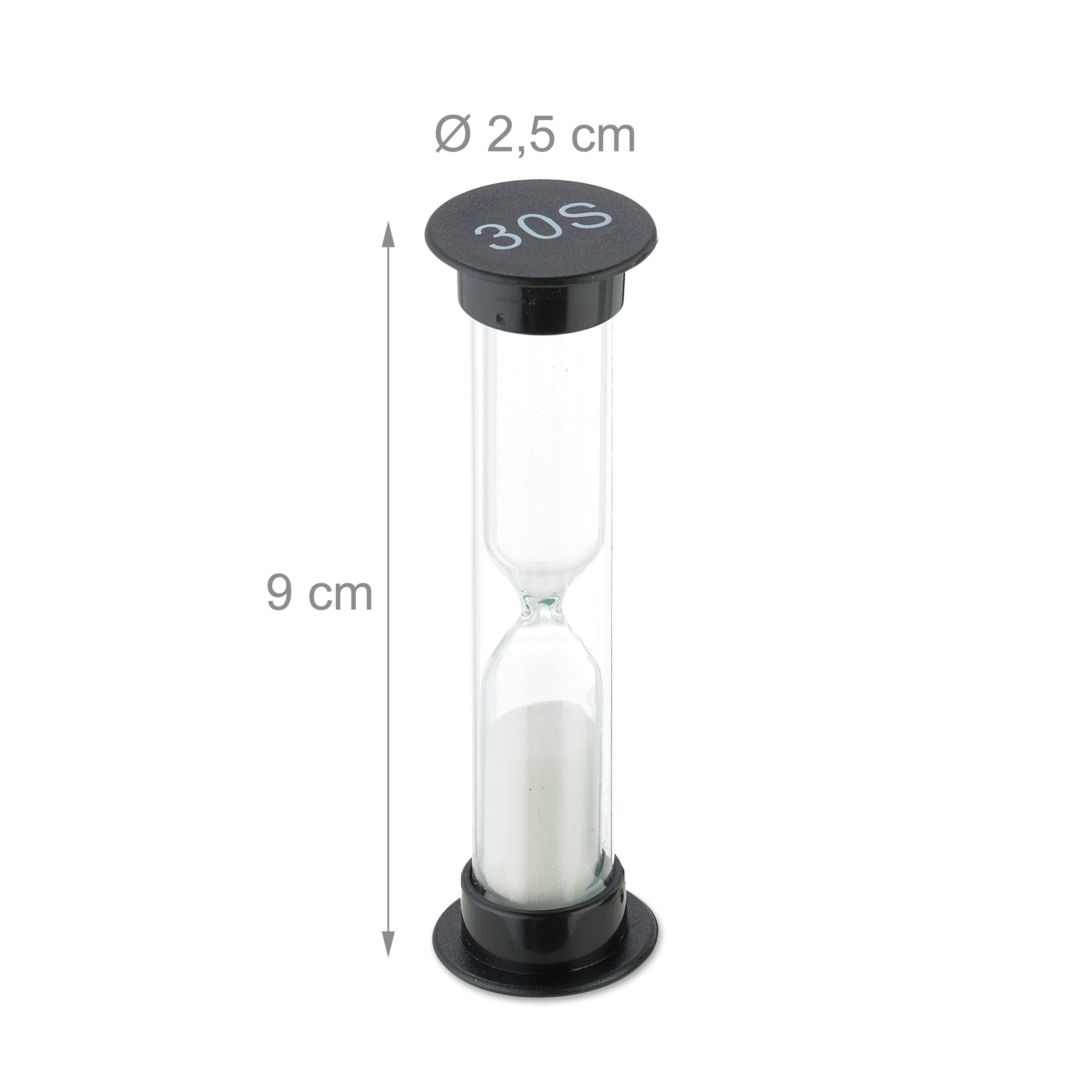 Eine schwarze 30-Sekunden-Sanduhr mit weißem Sand, 9 cm hoch und 2,5 cm breit, auf weißem Hintergrund.