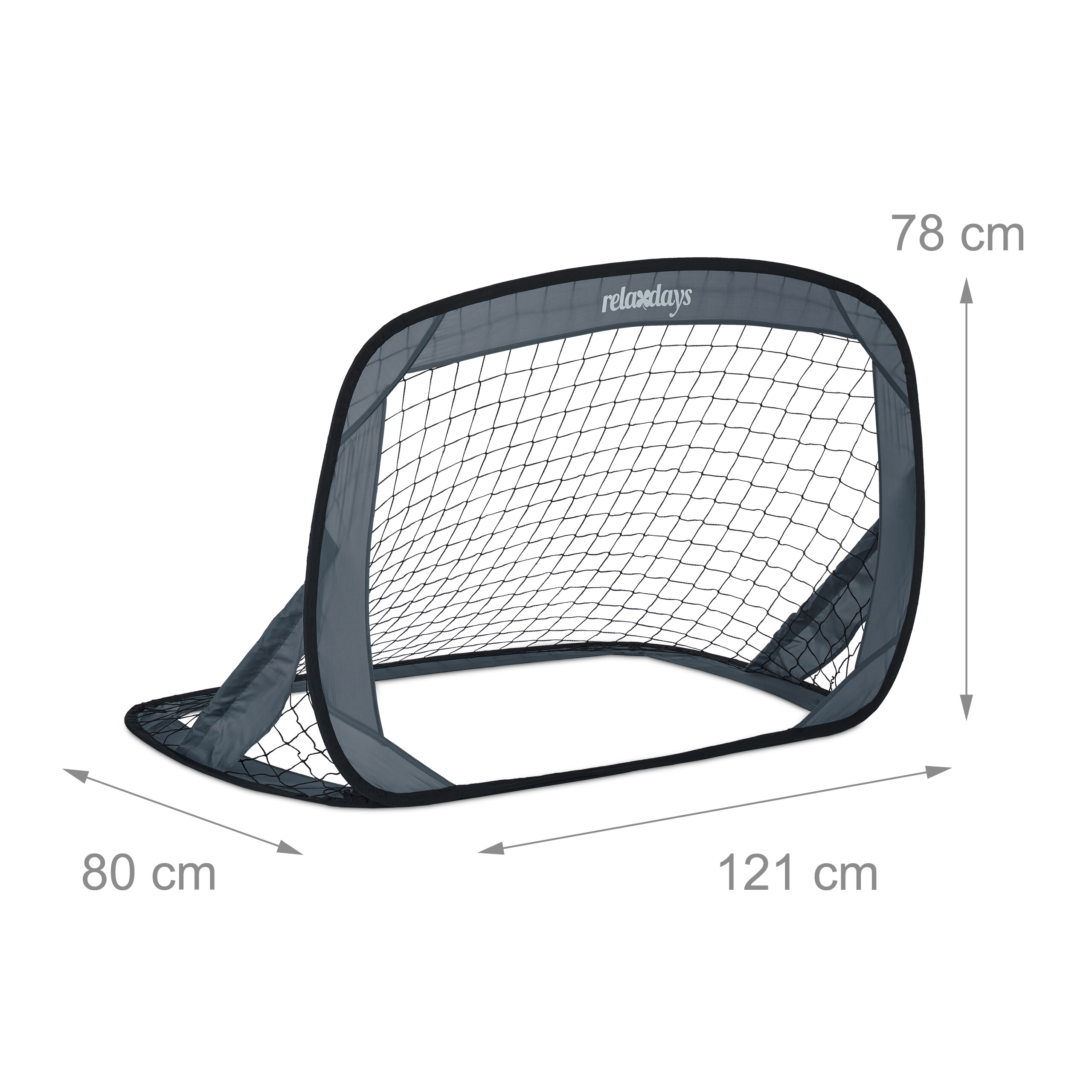 Graues Pop-up-Fußballtor mit Maßen von 121x78x80 cm auf weißem Hintergrund.