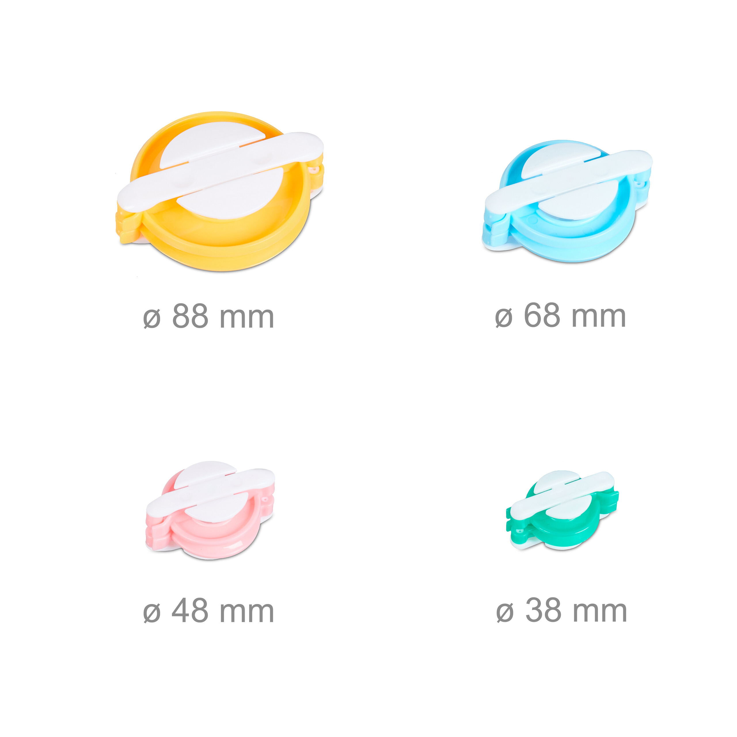 Vier bunte Pompon-Hersteller in den Größen 88 mm, 68 mm, 48 mm und 38 mm auf weißem Hintergrund.