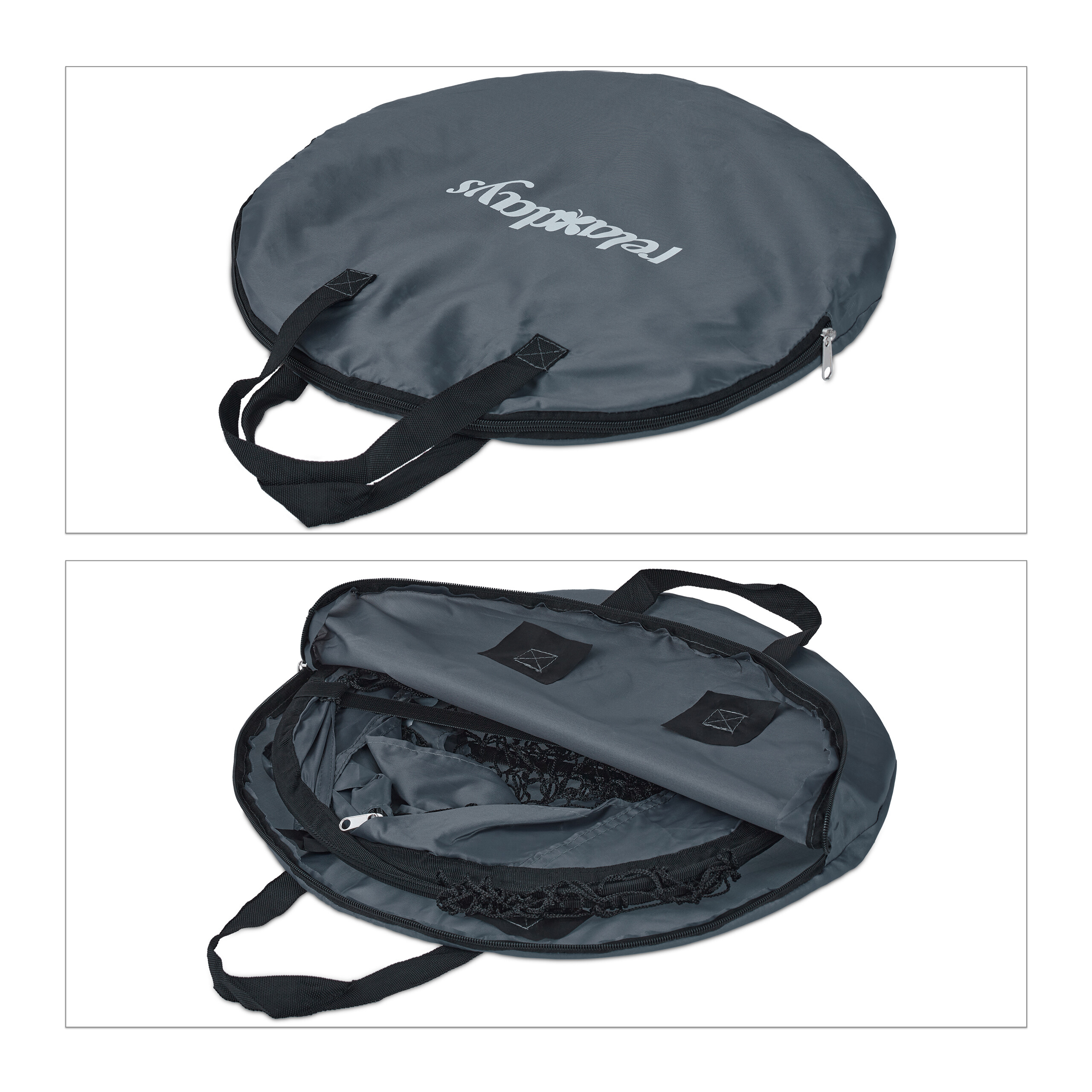 Graue runde Tasche mit Griffen und weißem Logo, einmal geschlossen und einmal geöffnet mit Inhalt.