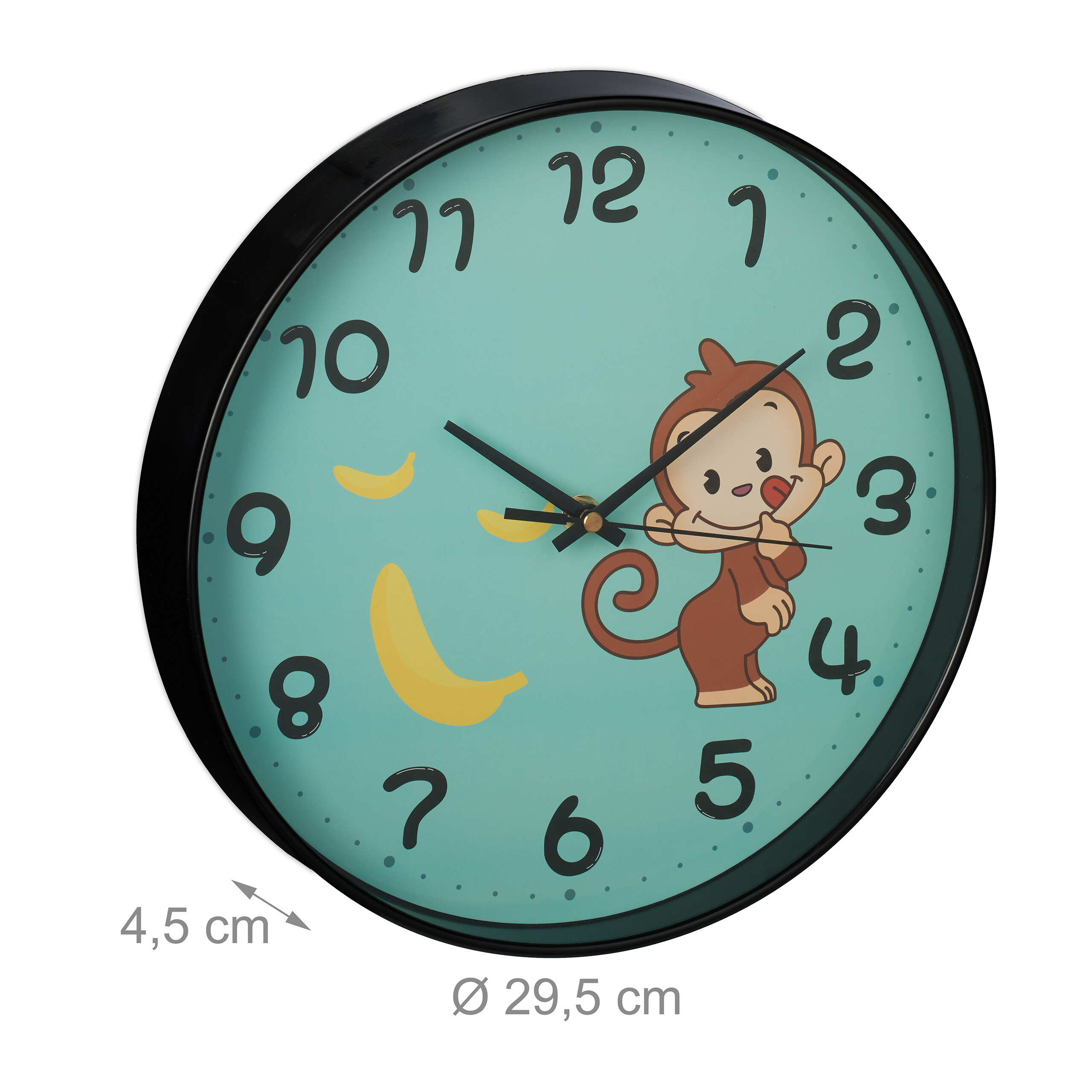 Türkisfarbene Wanduhr mit schwarzem Rand, Affenmotiv und Bananenabbildungen. Maße: 29,5 x 4,5 cm.