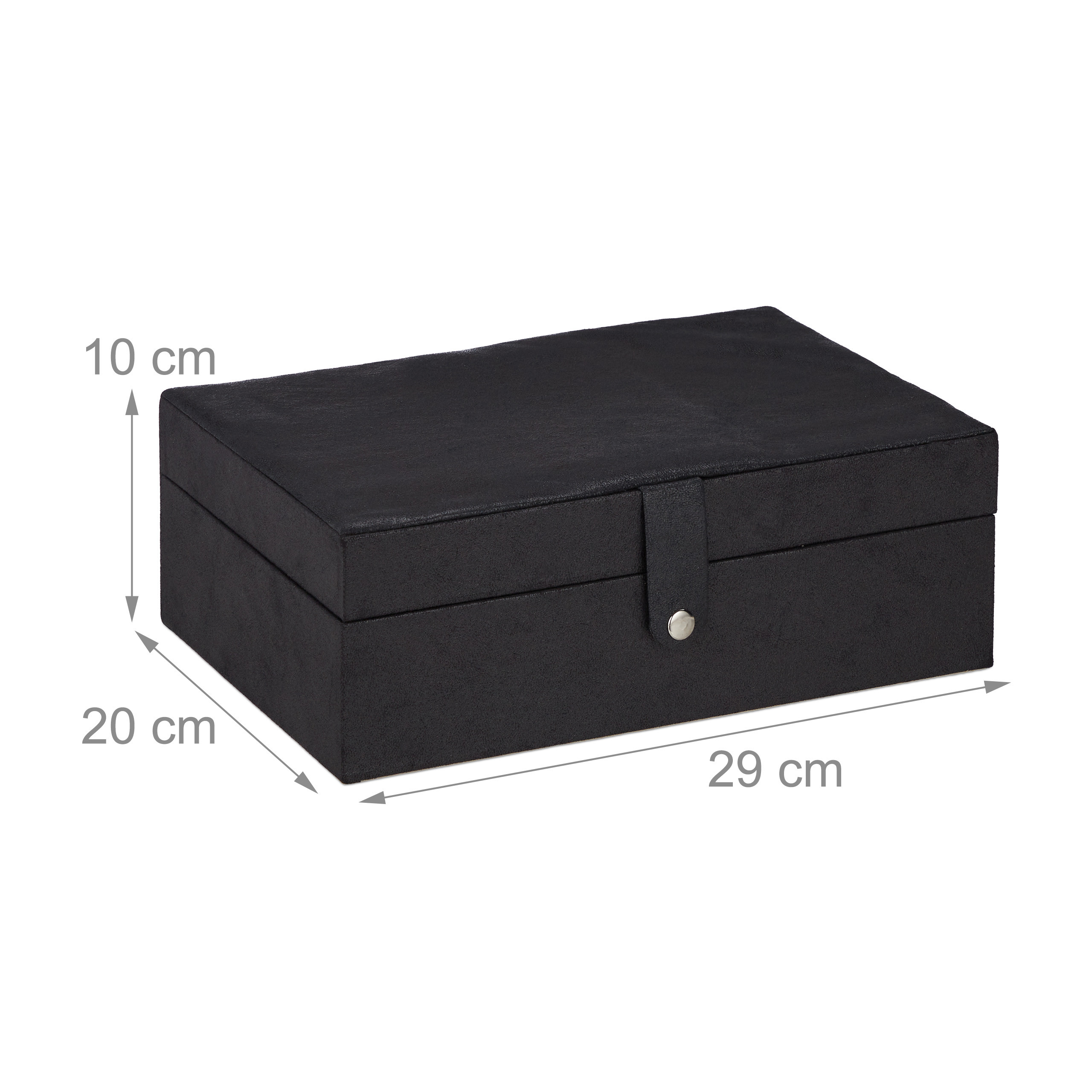 Schwarze Schmuckschatulle mit Maßen von 29x20x10 cm auf weißem Hintergrund.
