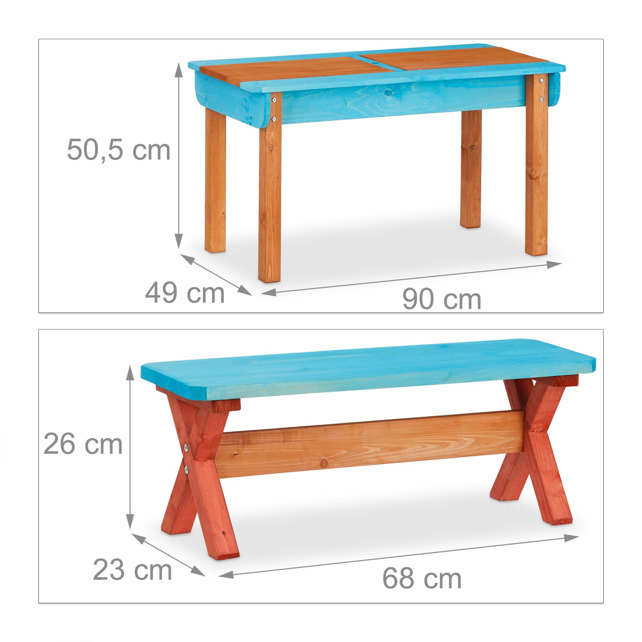 Holztisch und -bank in Blau und Braun mit Maßangaben in Zentimetern.