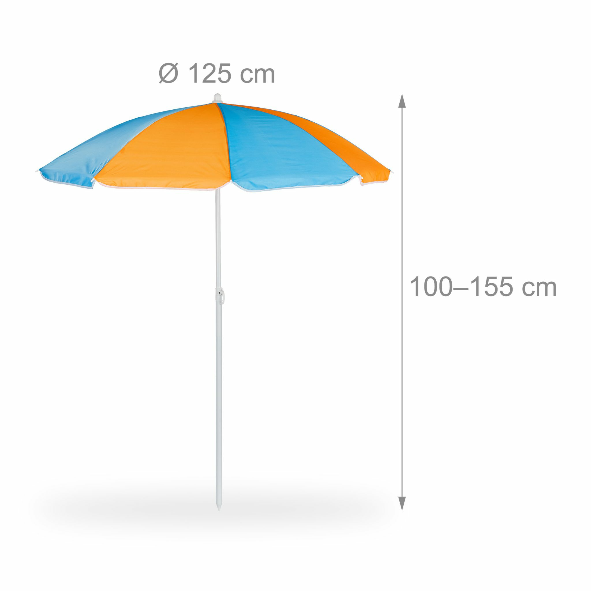 Ein blau-orangefarbener Strandsonnenschirm mit Maßen von 125 cm Durchmesser und 100-155 cm Höhe.