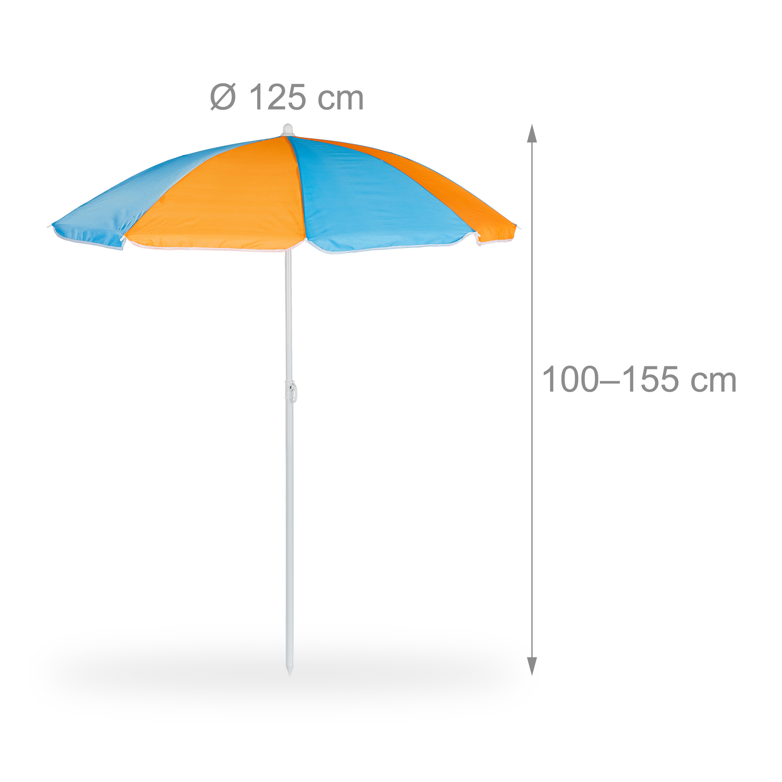 Ein bunten blau-orangefarbener Strandschirm mit 125 cm Durchmesser und 100-155 cm Höhe vor weißem Hintergrund.