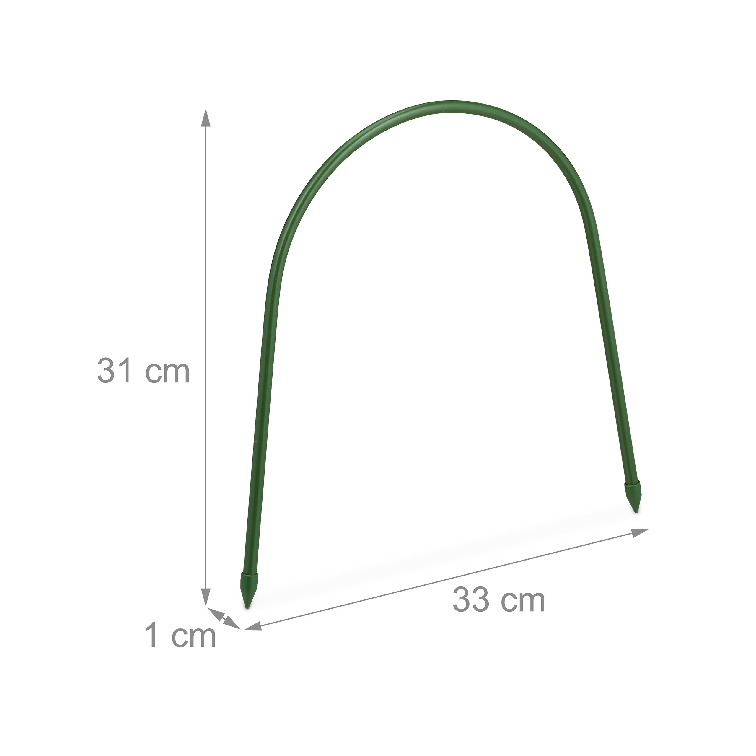 Grüner Pflanzenbogen mit Maßen: 31 cm Höhe, 33 cm Breite und 1 cm Dicke auf weißem Hintergrund.