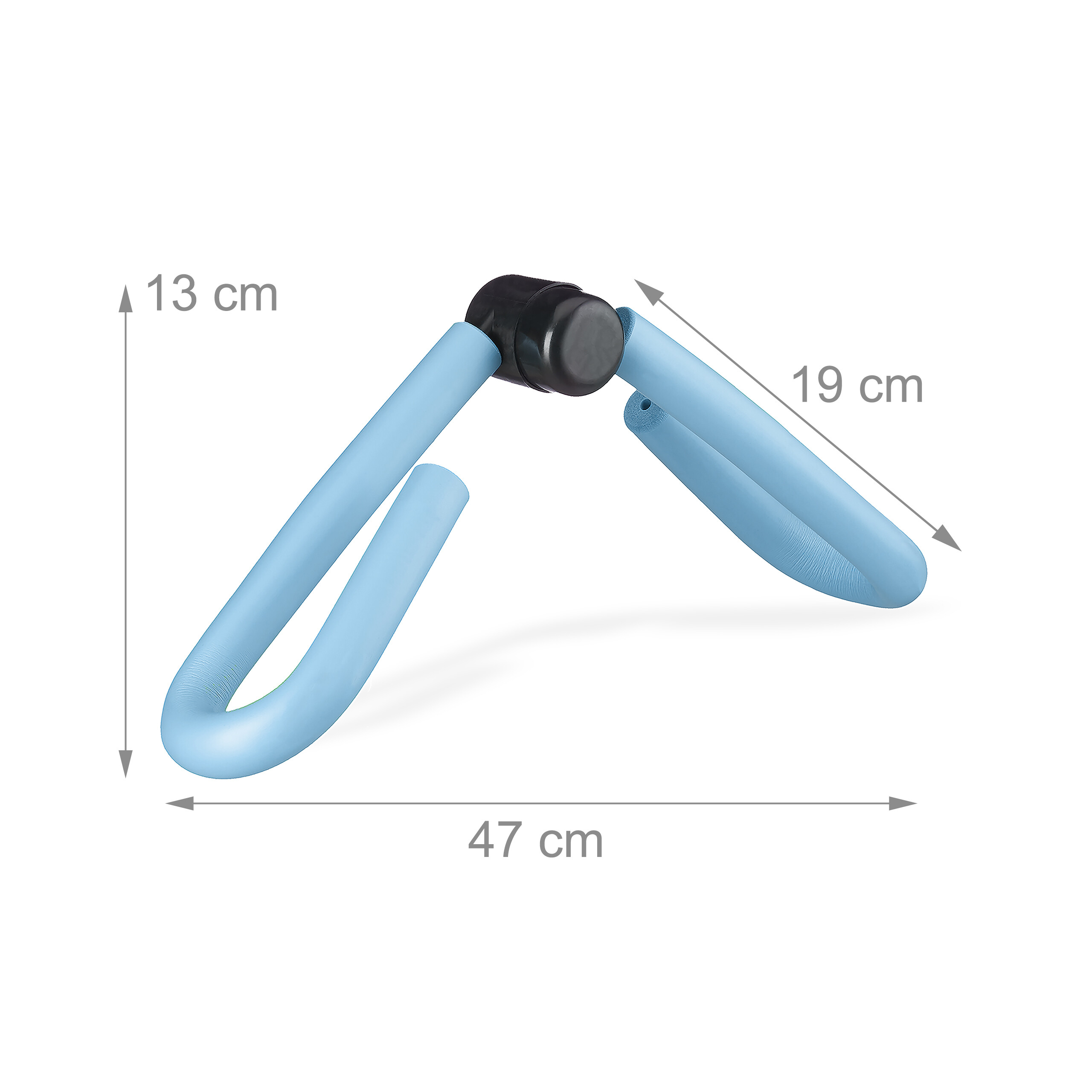Ein blauer Oberschenkel-Trainer mit Schaumstoffgriffen zeigt Maßangaben von 13 cm Höhe, 19 cm Tiefe und 47 cm Breite.