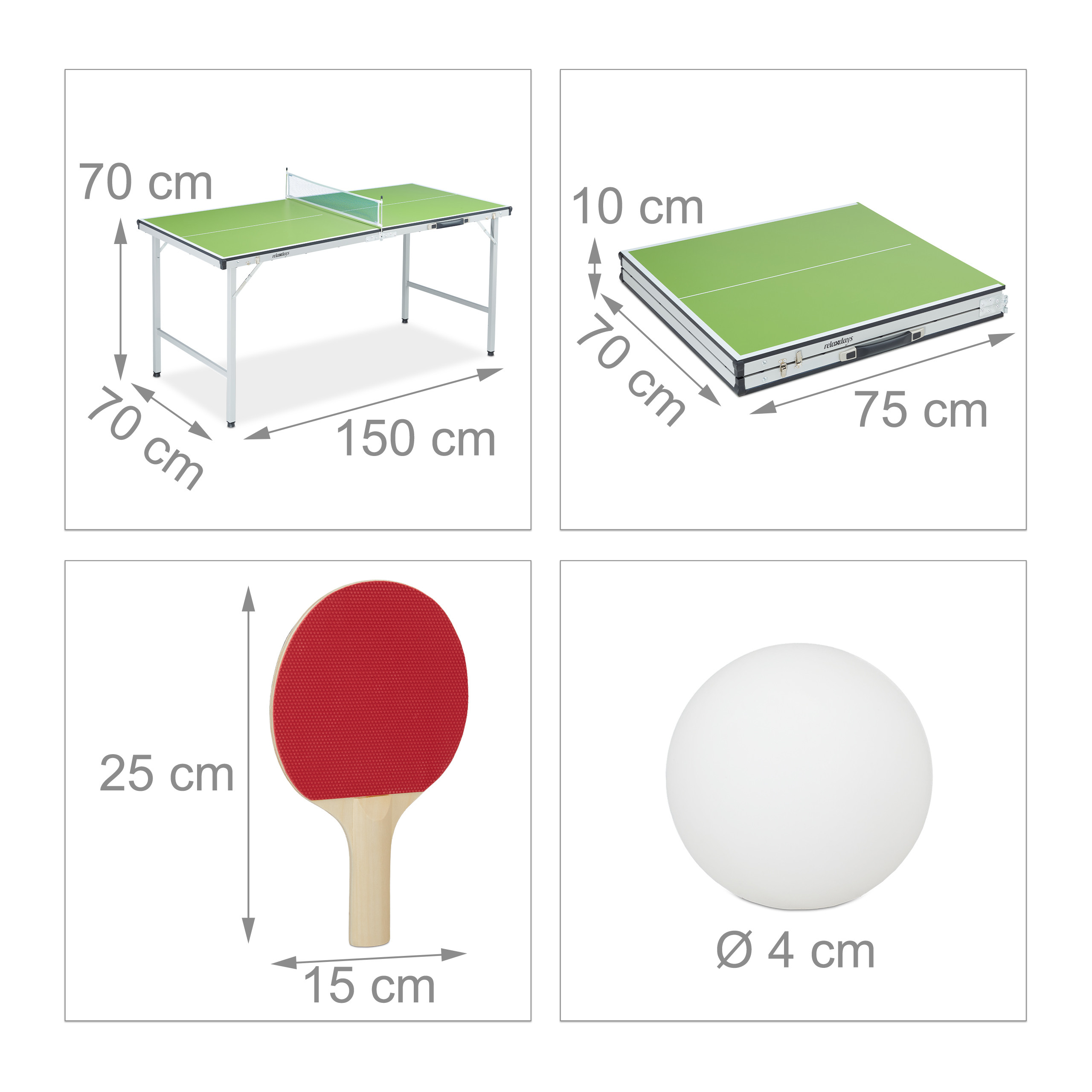 Vier Bilder zeigen die Abmessungen eines grünen Tischtennis-Sets mit Tisch, Schläger und Ball.