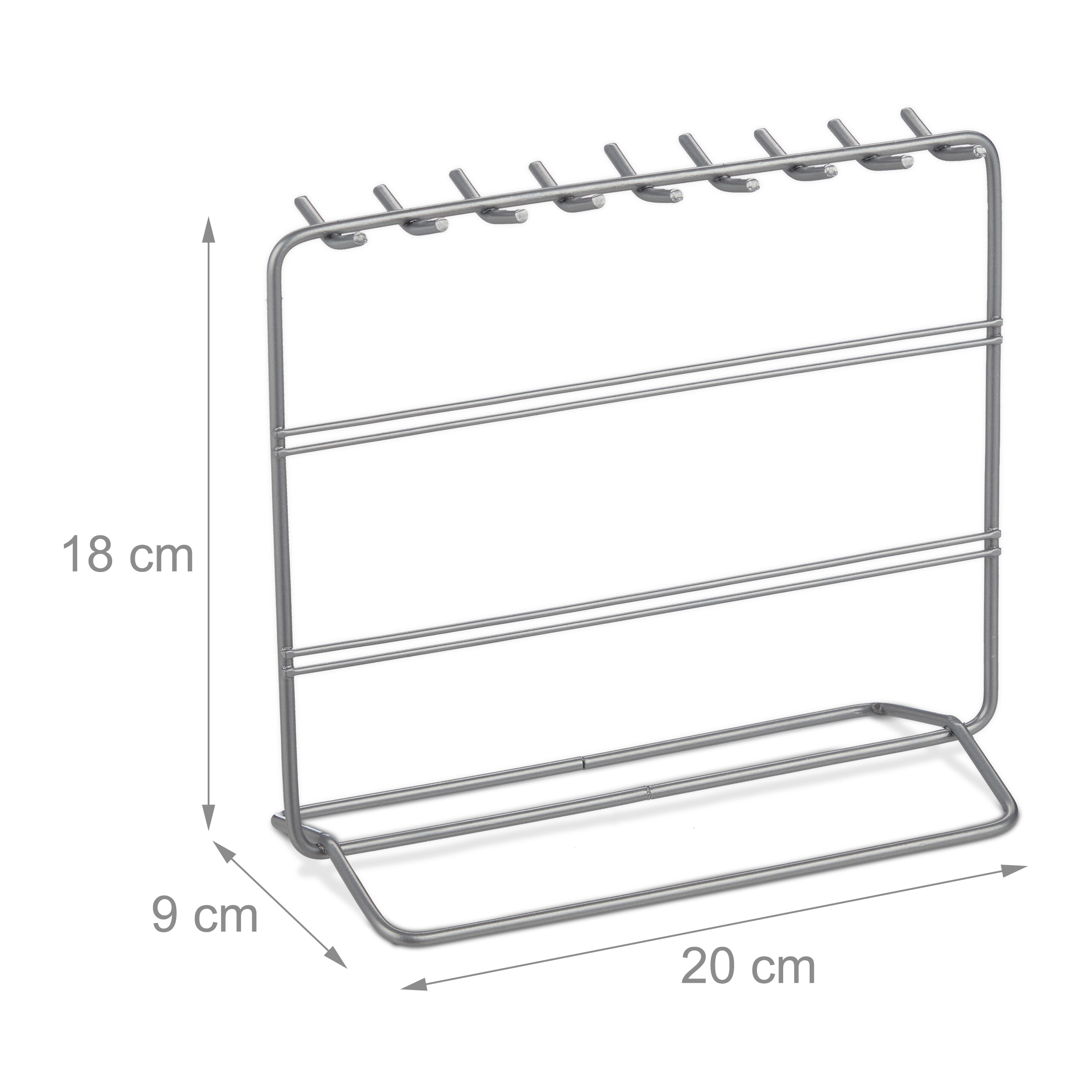 Silberner Metall-Hakenhalter mit Maßen von 18x20x9 cm auf weißem Hintergrund.