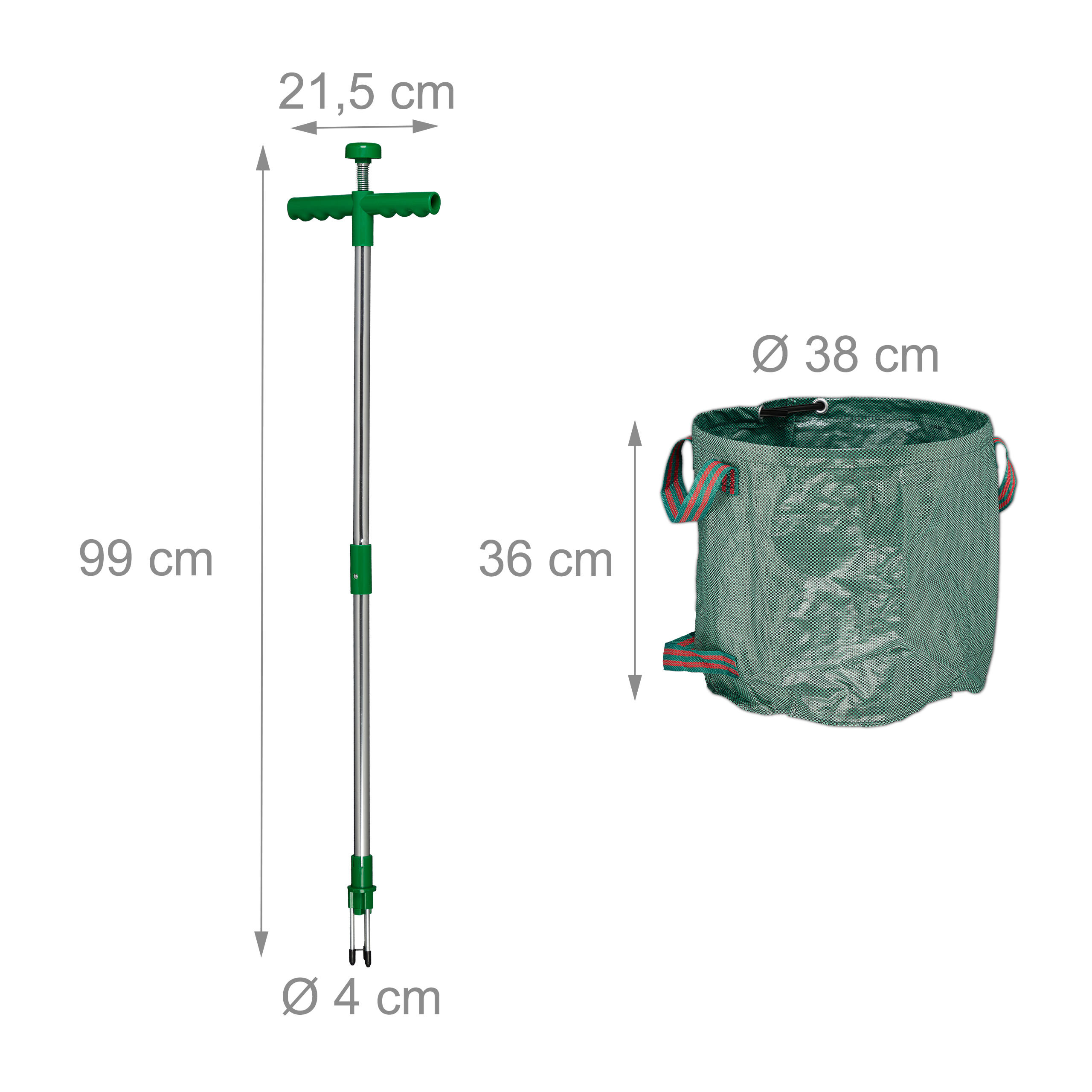 Ein Unkrautstecher mit grünen Griffen und ein grüner Gartenabfallsack mit Maßangaben.