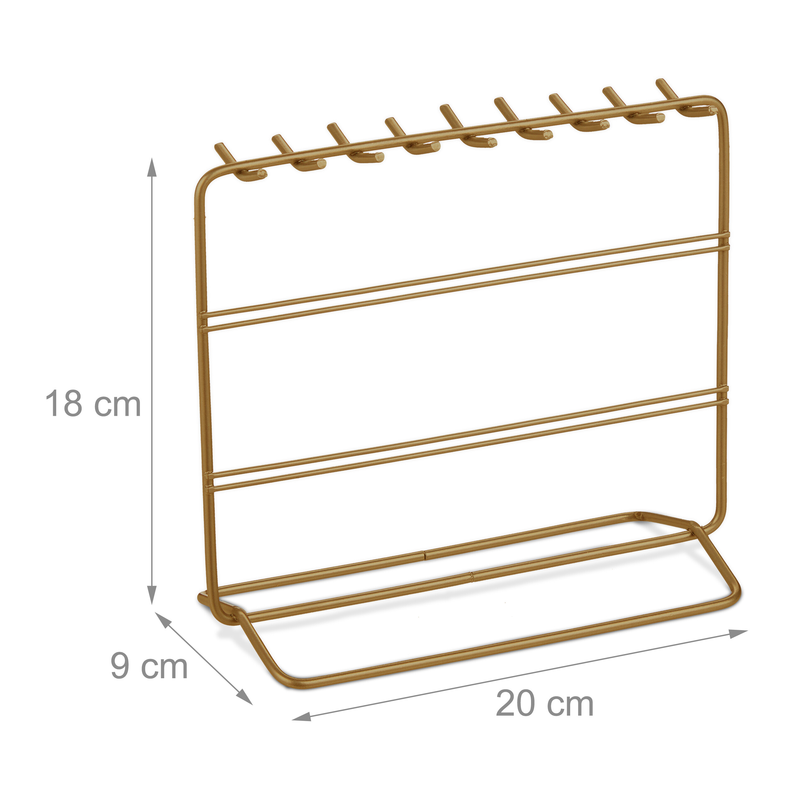 Goldenes Metallregal, 20 cm breit, 18 cm hoch und 9 cm tief, mit mehreren Ebenen und Haken.