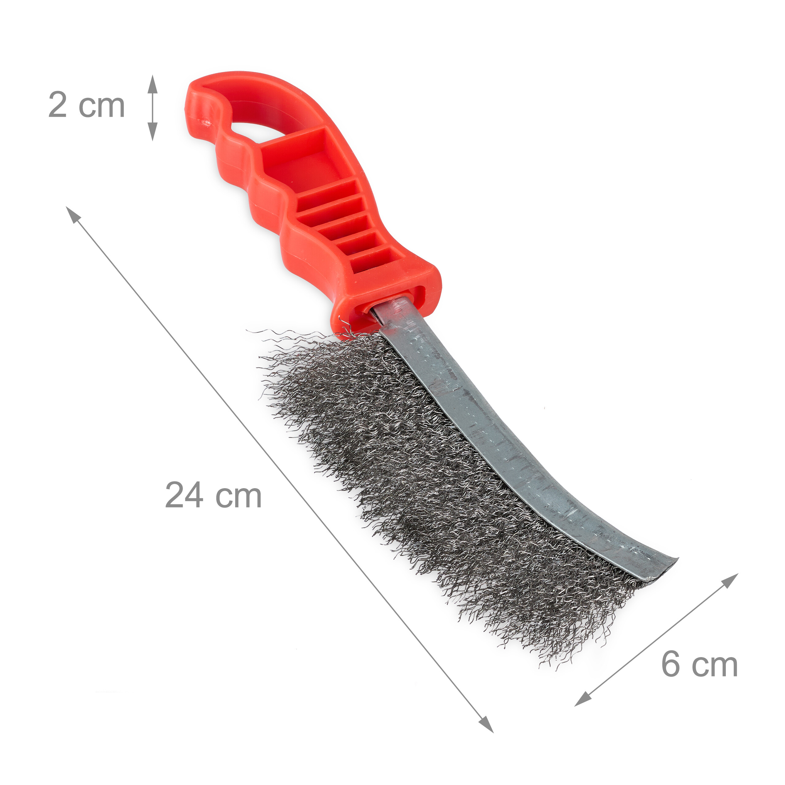 Drahtbürste mit rotem Plastikgriff und Größenangaben von 24 cm Länge, 6 cm Breite und 2 cm Dicke.