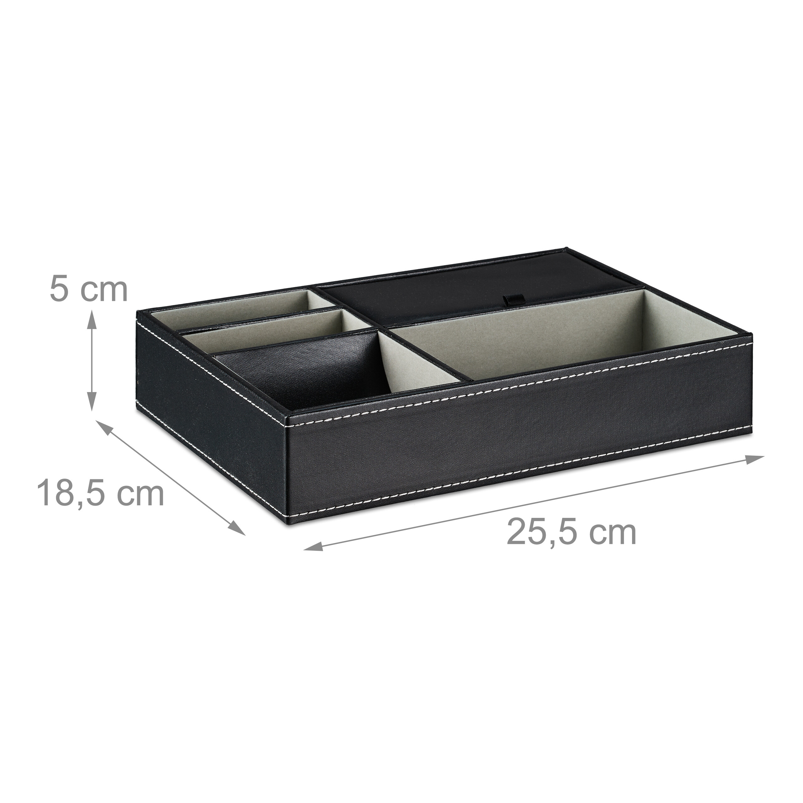 Schwarzer Leder-Schreibtisch-Organizer mit hellen Nähten und Maßen von 25,5 x 18,5 x 5 cm.