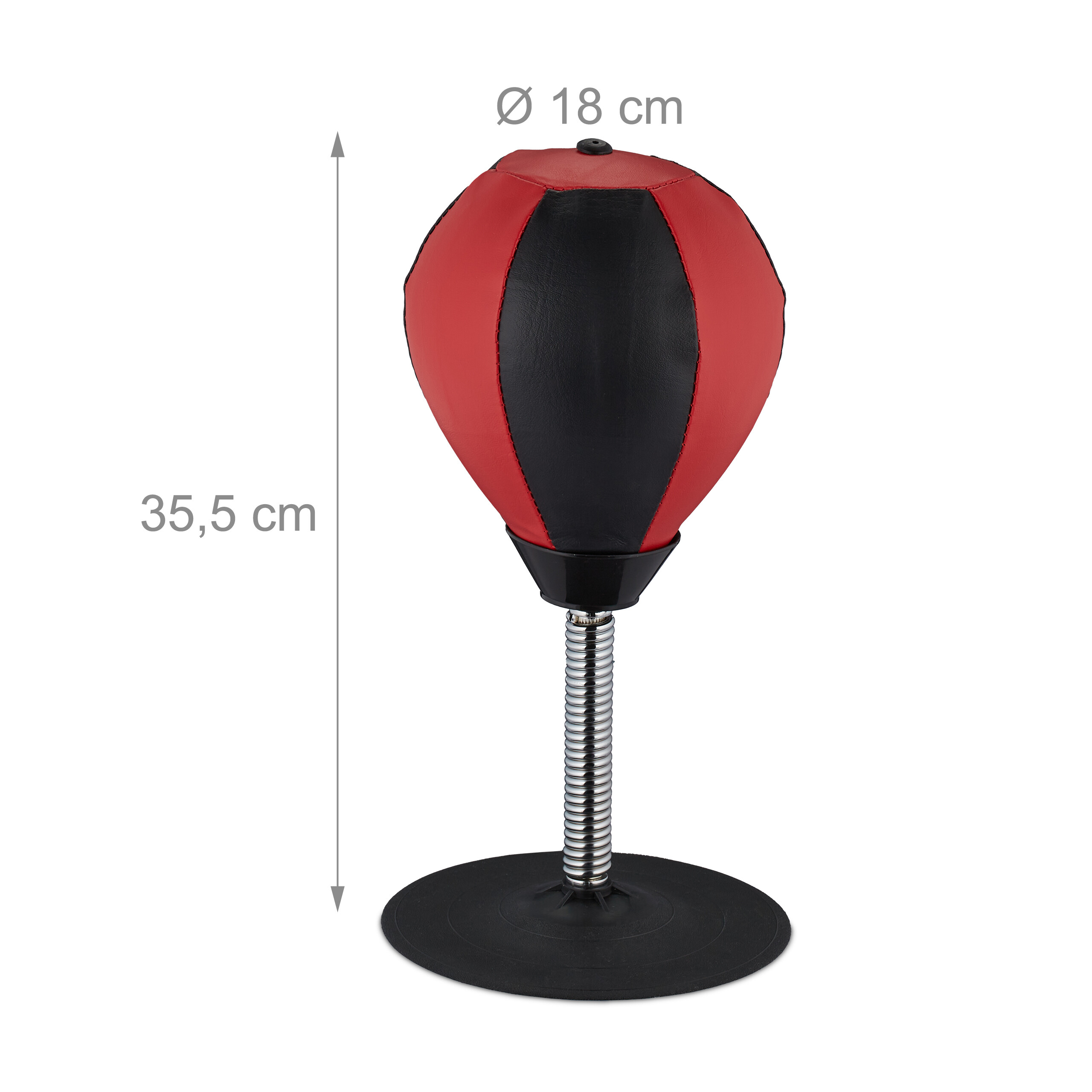 Rot-schwarzer Tisch-Boxball mit Feder und runder Basis, 35,5 cm hoch.