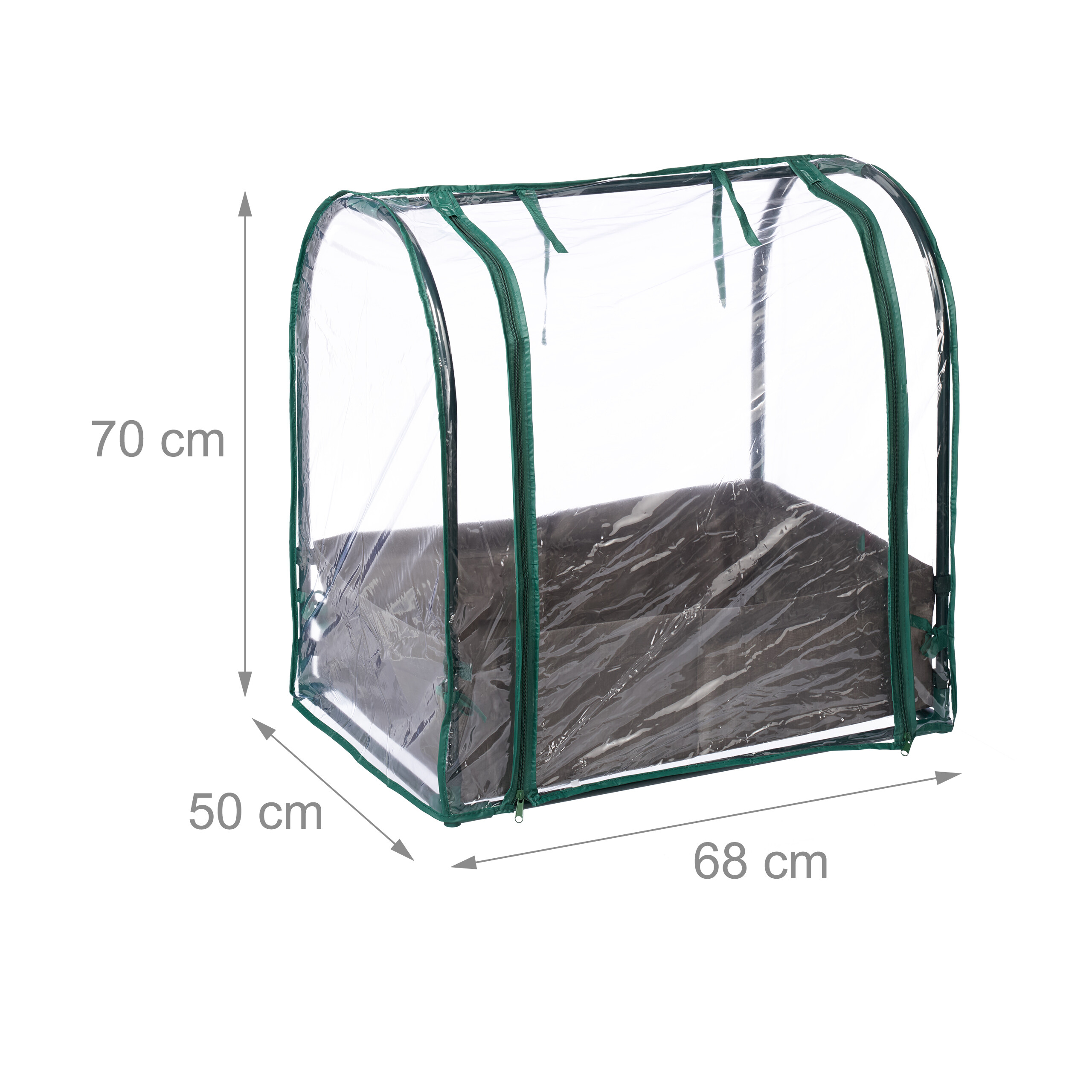 Kleines Gewächshaus mit transparentem Plastik und grünem Rahmen, Abmessungen 68x50x70 cm.