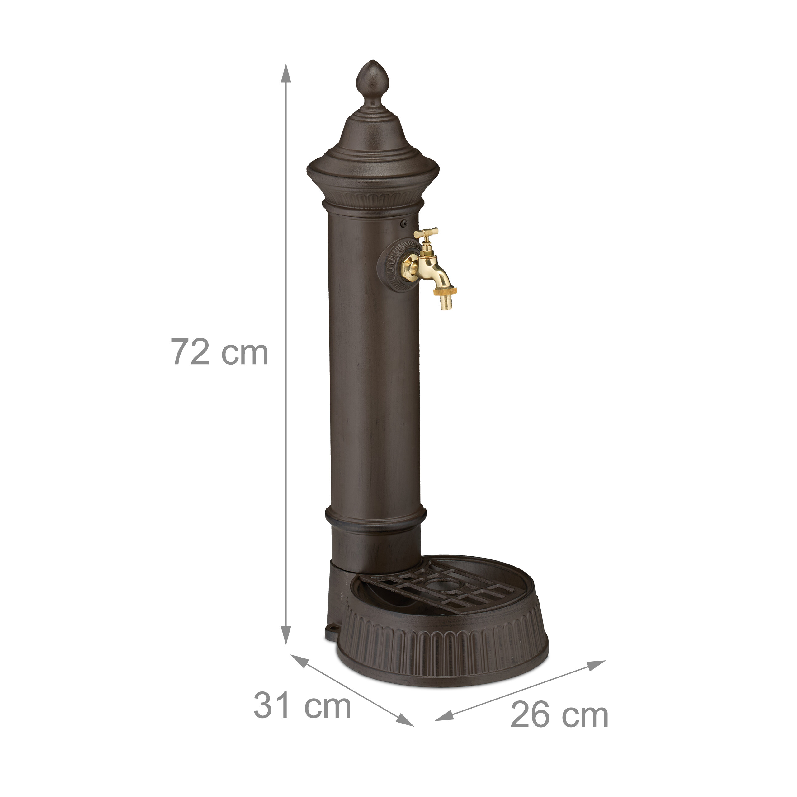 Dunkelbrauner Gartenbrunnen mit Messingwasserhahn, 72 cm hoch, 31 cm tief, 26 cm breit.