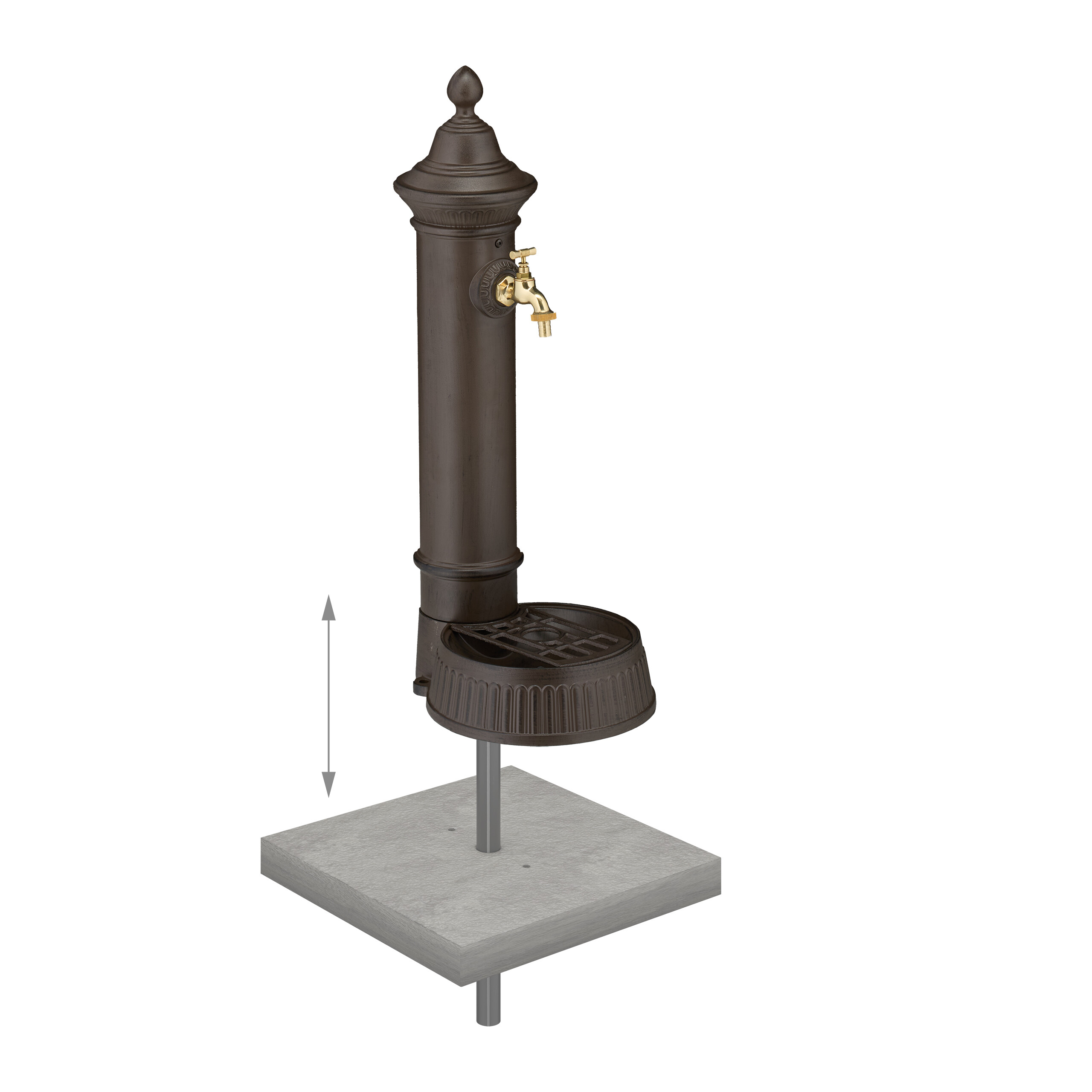 Brauner Standbrunnen mit goldenem Wasserhahn auf einer grauen Betonplatte.