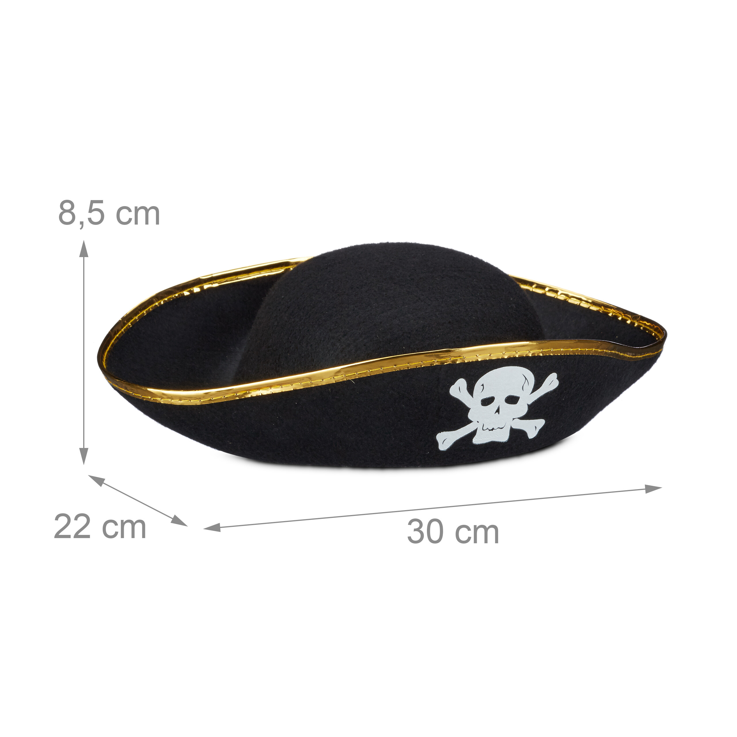 Ein schwarzer Piratenhut mit Goldrand und Totenkopf, Abmessungen 30x22x8,5 cm.
