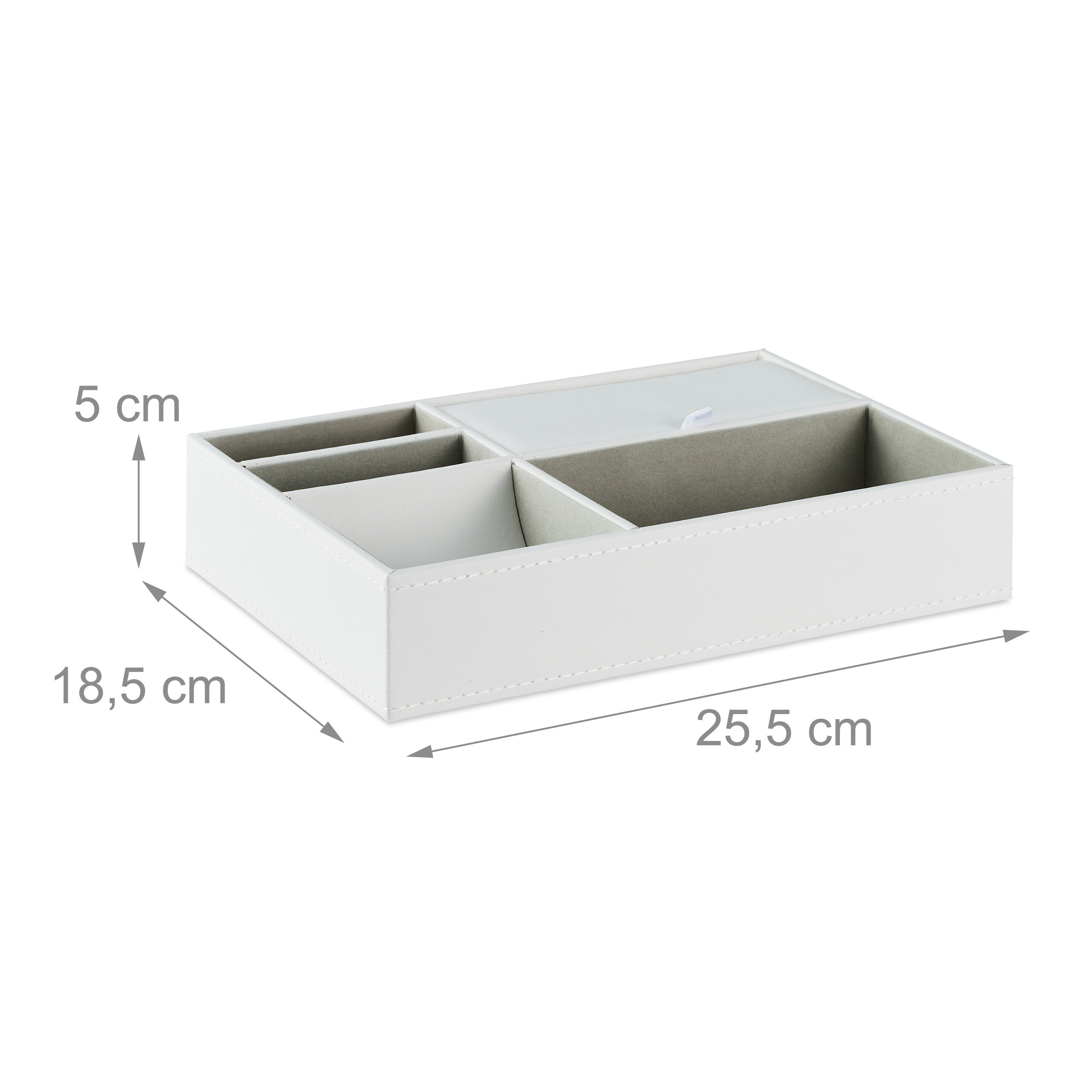 Weißer Schmuckorganizer mit grauen Innenfächern und Maßen 25,5x18,5x5 cm.