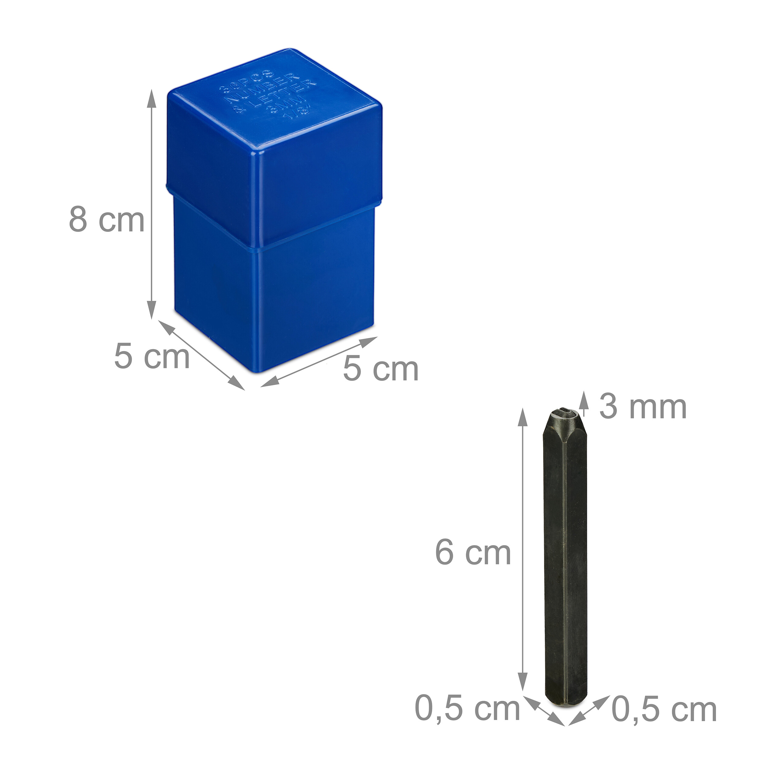 Blaue Box und ein einzelner Stempel mit Maßangaben auf weißem Grund.