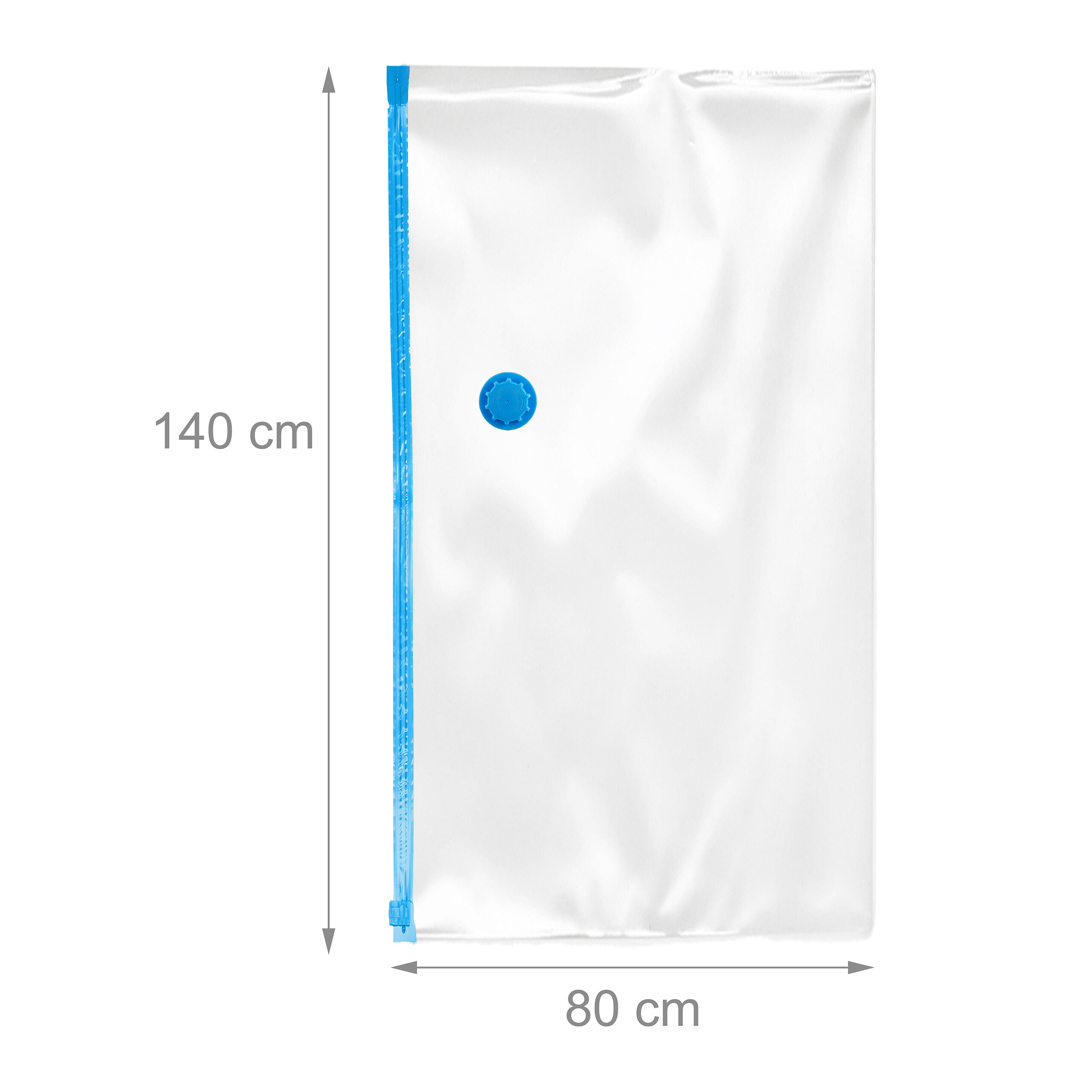 Transparenter Vakuumbeutel mit blauem Reißverschluss und Ventil, Maße 140x80 cm.