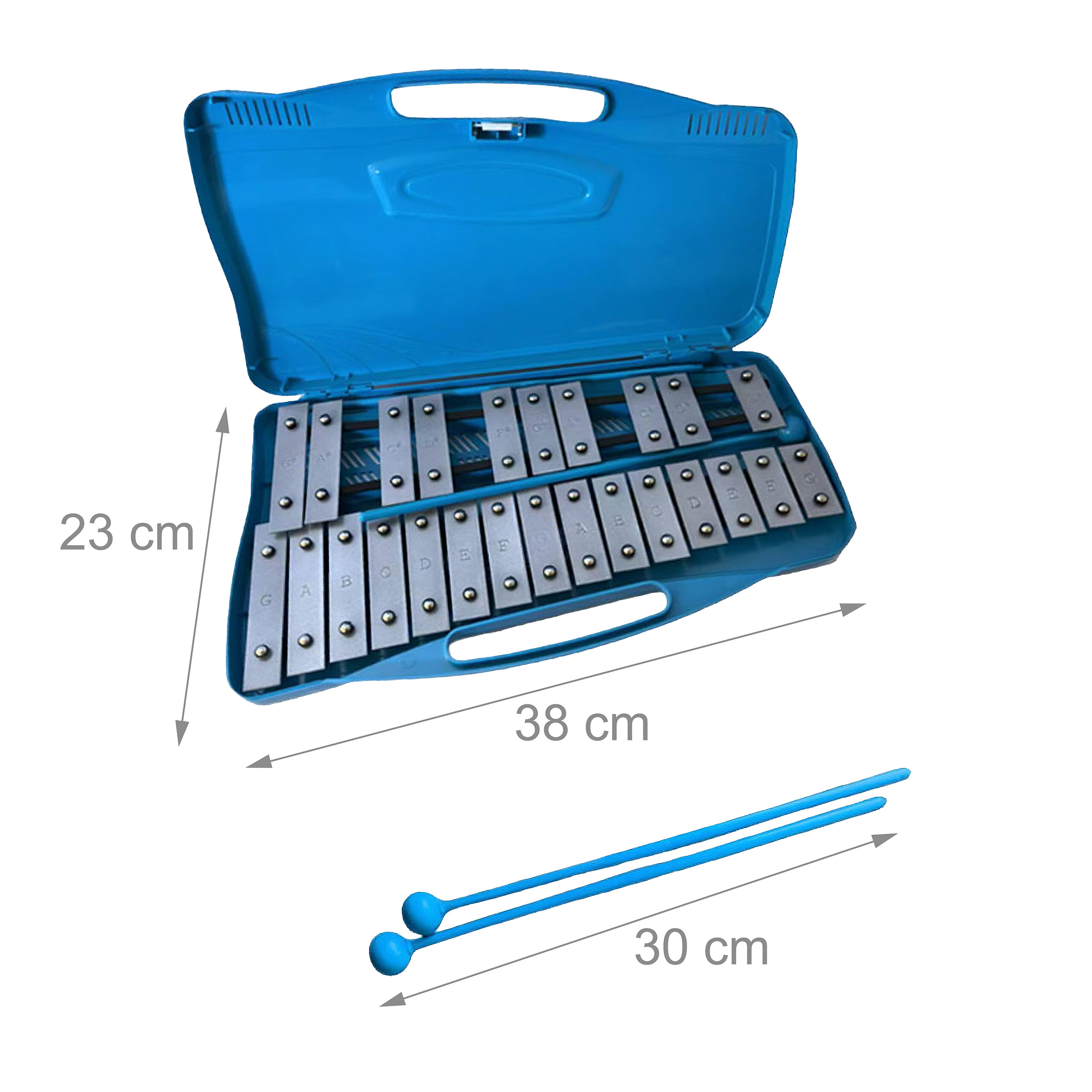 Ein blaues Glockenspiel im Koffer mit zwei Schlägeln, Maße 38x23 cm und Schlägel 30 cm lang.
