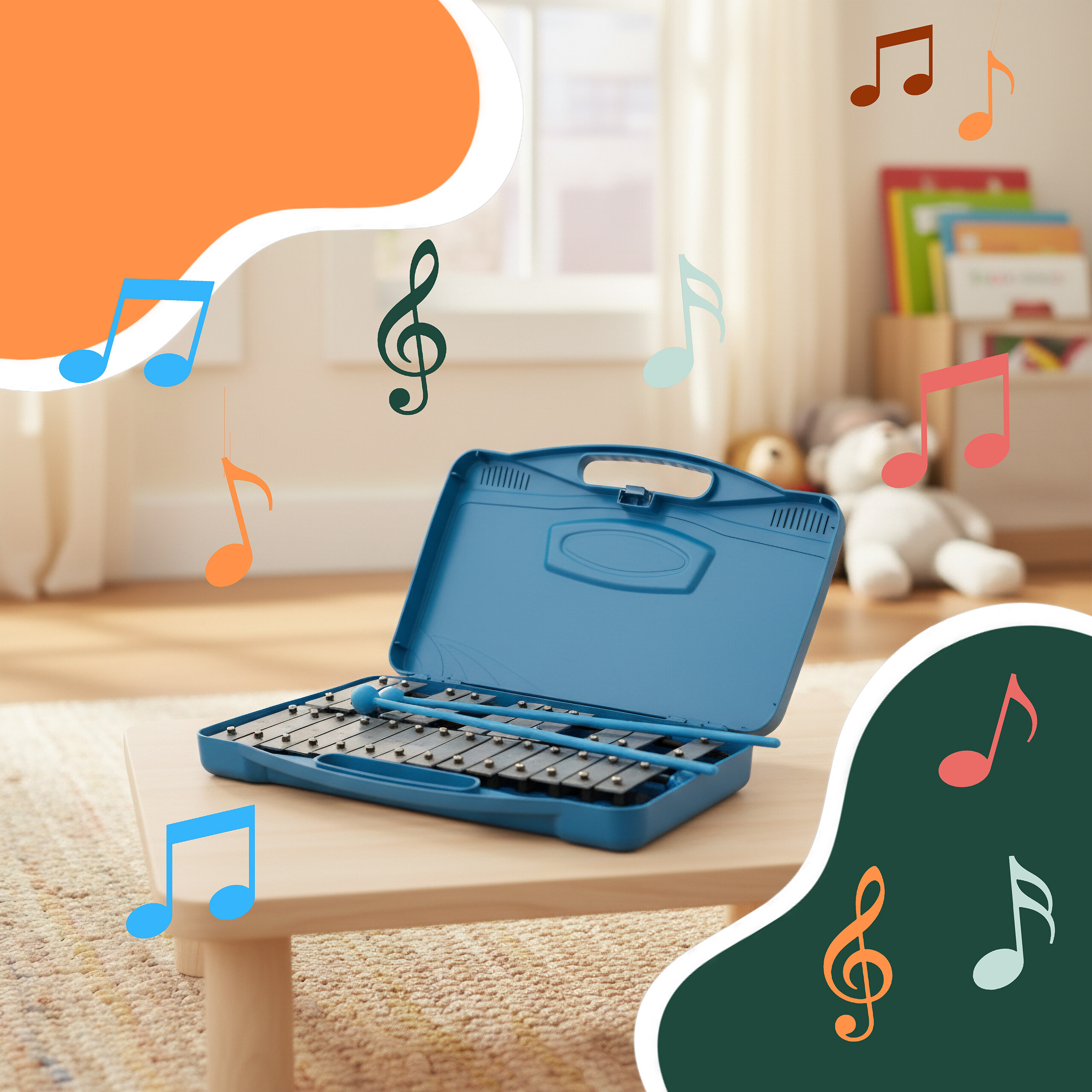 Ein blaues Kinder-Glockenspiel in einem Koffer auf einem Holztisch, umgeben von bunten Noten.